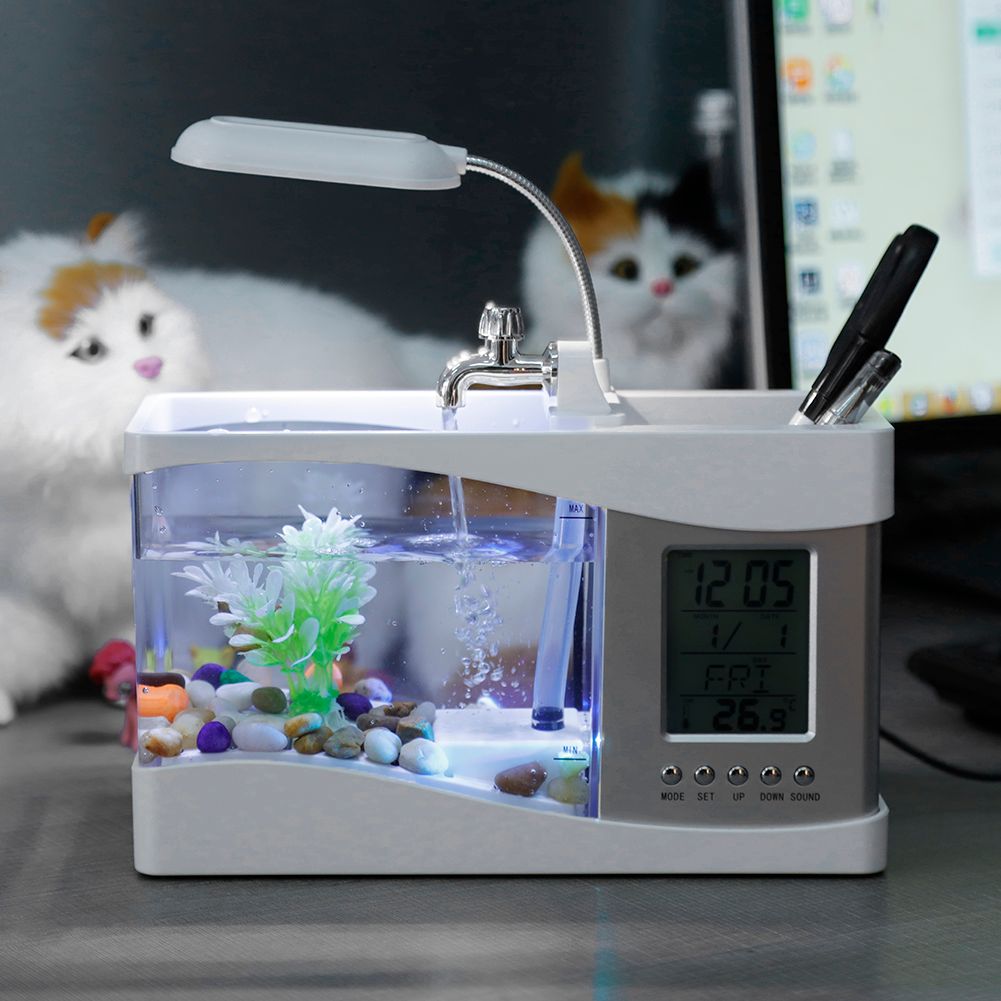 Multifunctional USB Rechargeable Mini Fish Tank Aquarium with Clock Function LED Light White