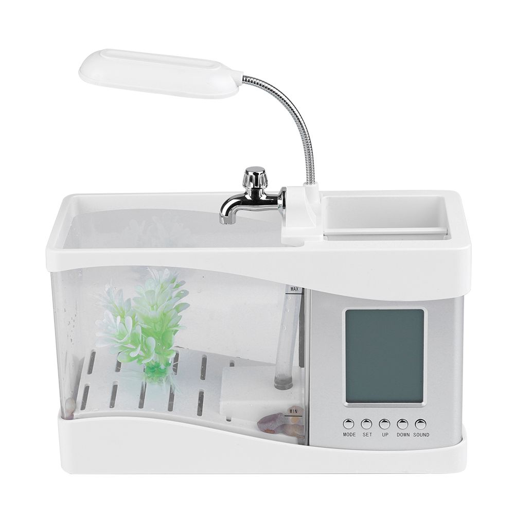 Multifunctional USB Rechargeable Mini Fish Tank Aquarium with Clock Function LED Light White