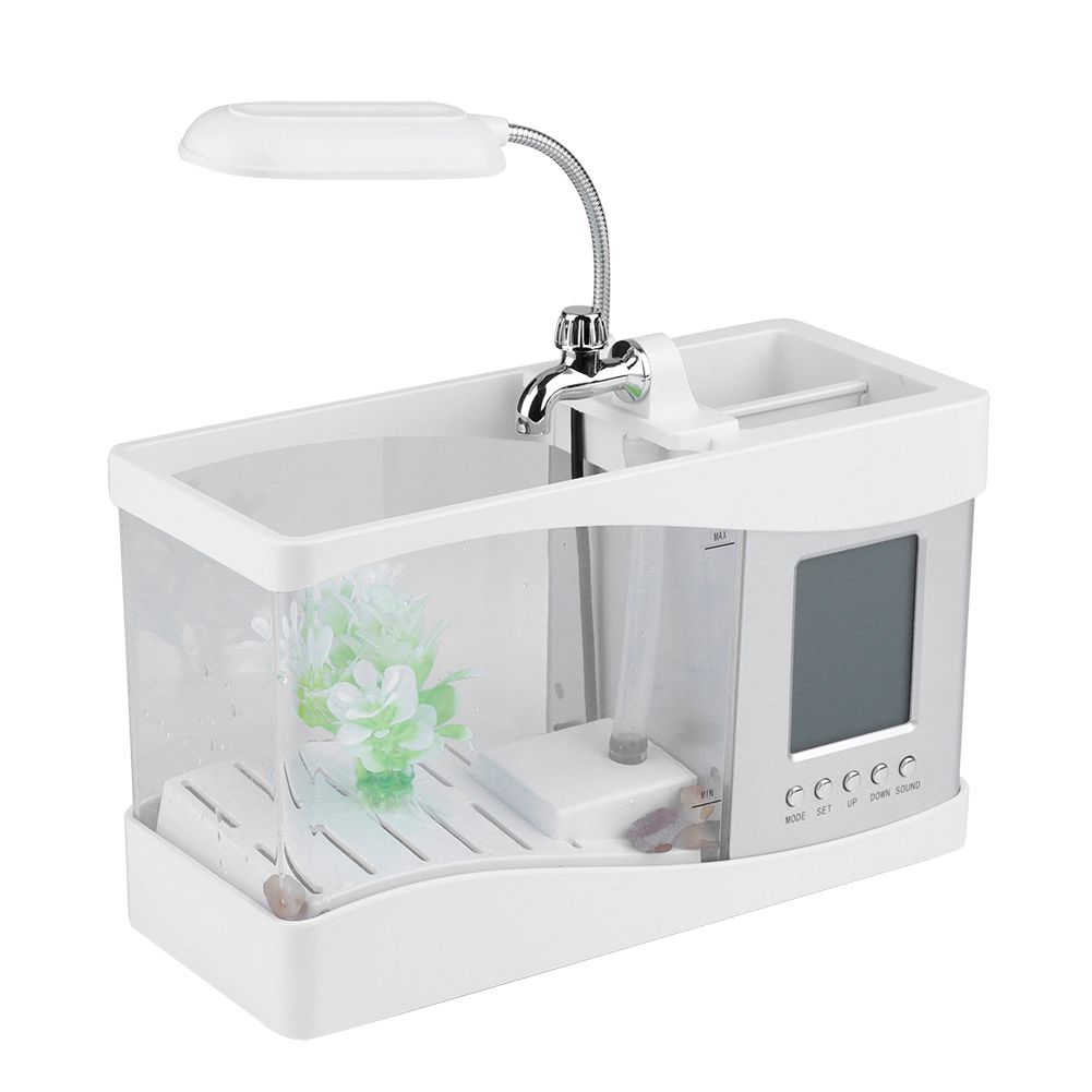 Multifunctional USB Rechargeable Mini Fish Tank Aquarium with Clock Function LED Light White