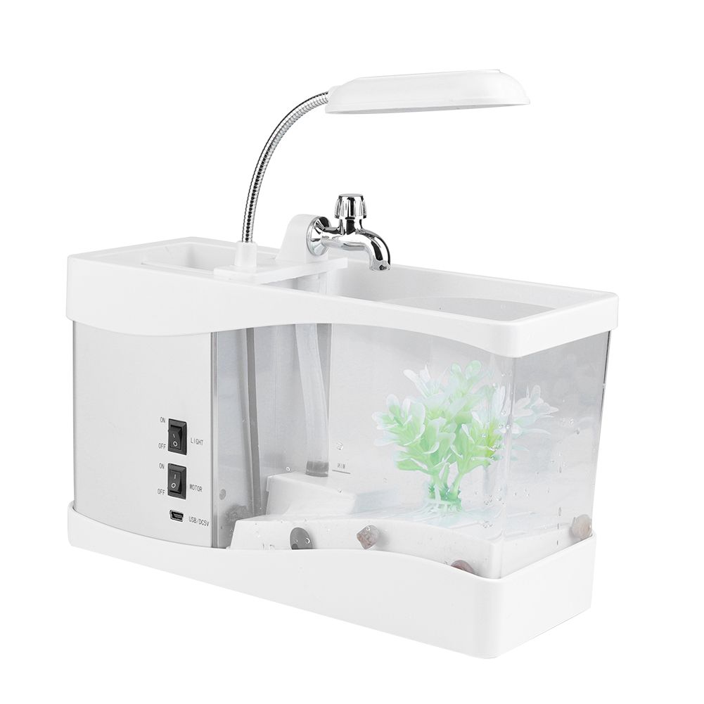 Multifunctional USB Rechargeable Mini Fish Tank Aquarium with Clock Function LED Light White