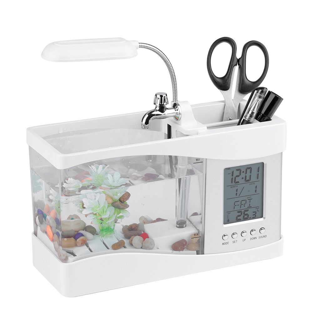 Multifunctional USB Rechargeable Mini Fish Tank Aquarium with Clock Function LED Light White