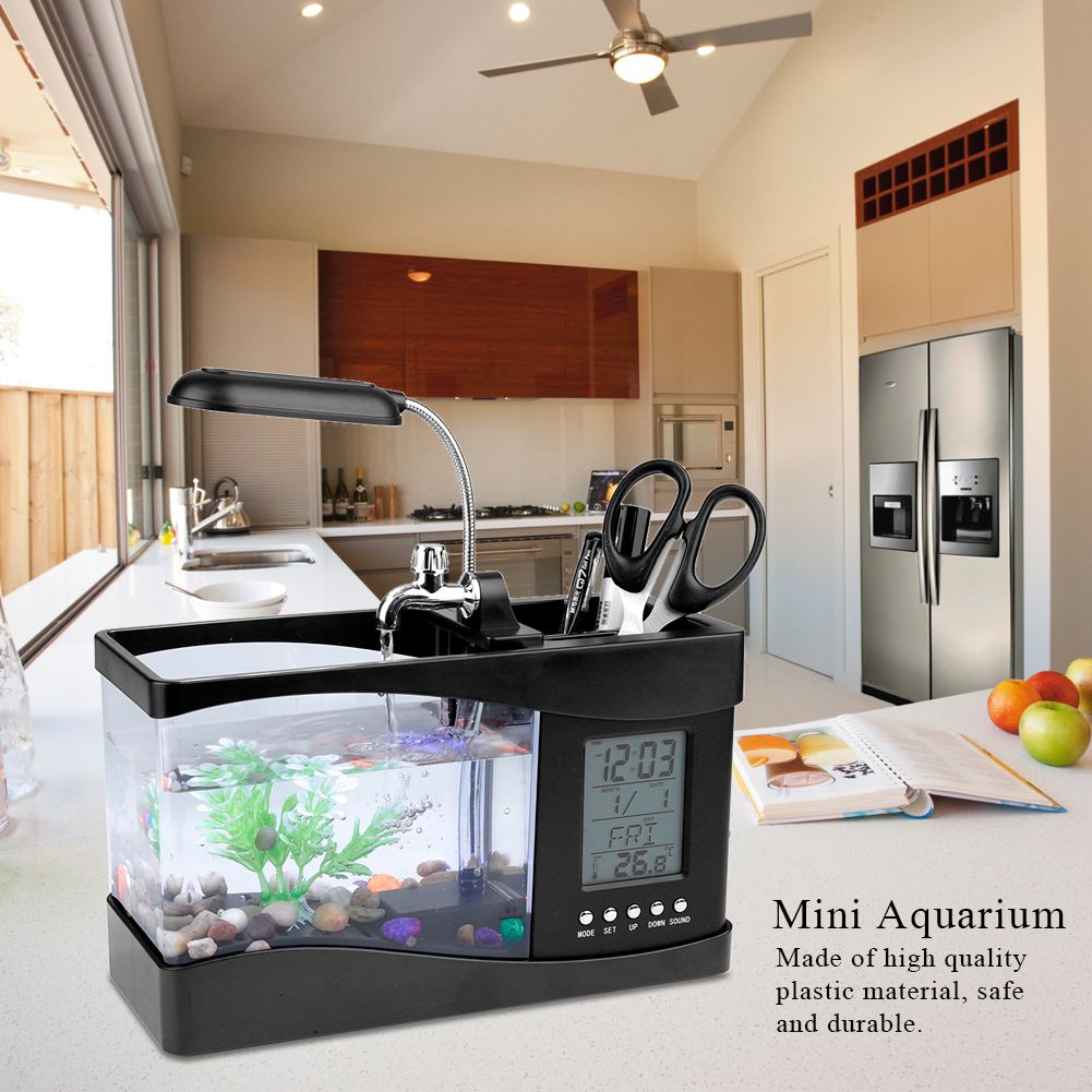 Multifunctional USB Rechargeable Mini Fish Tank Aquarium with Clock Function LED Light Black