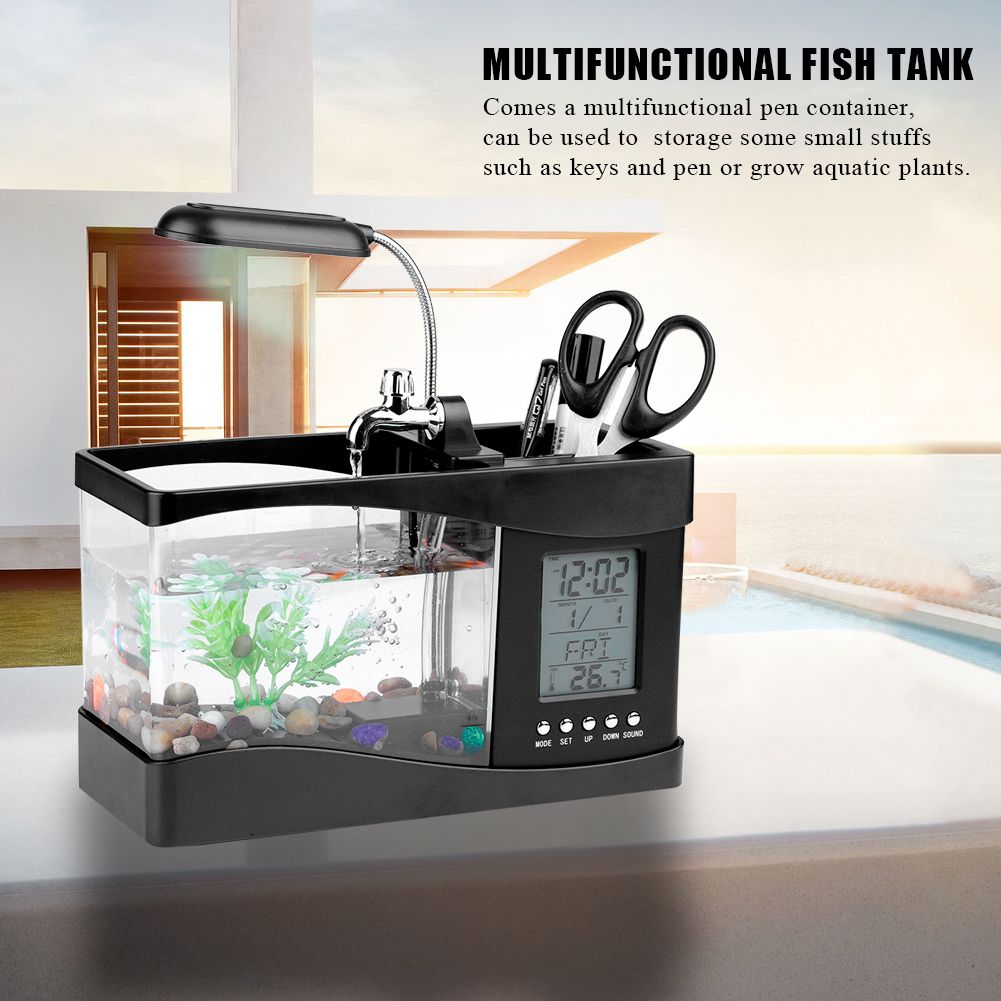 Multifunctional USB Rechargeable Mini Fish Tank Aquarium with Clock Function LED Light Black