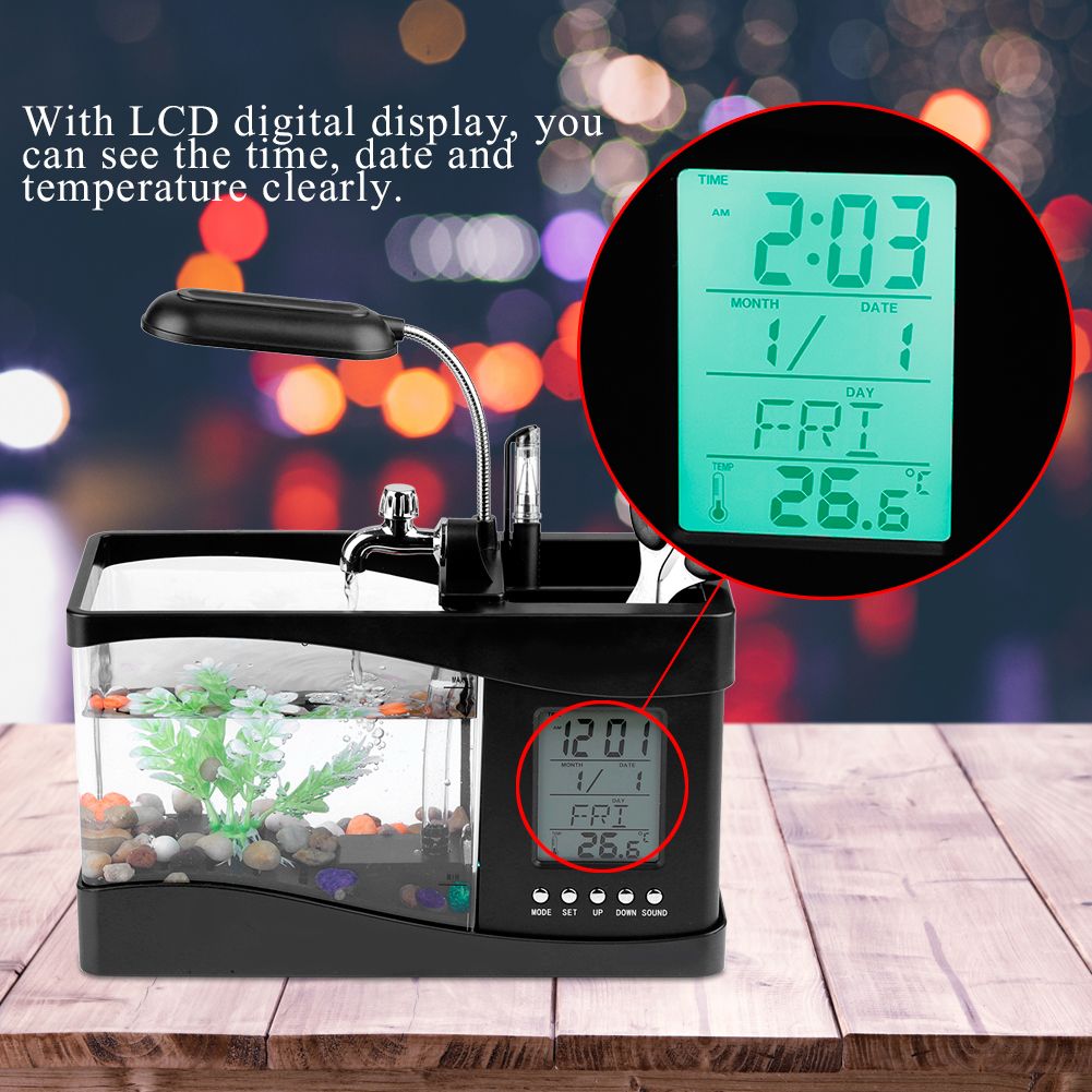 Multifunctional USB Rechargeable Mini Fish Tank Aquarium with Clock Function LED Light Black