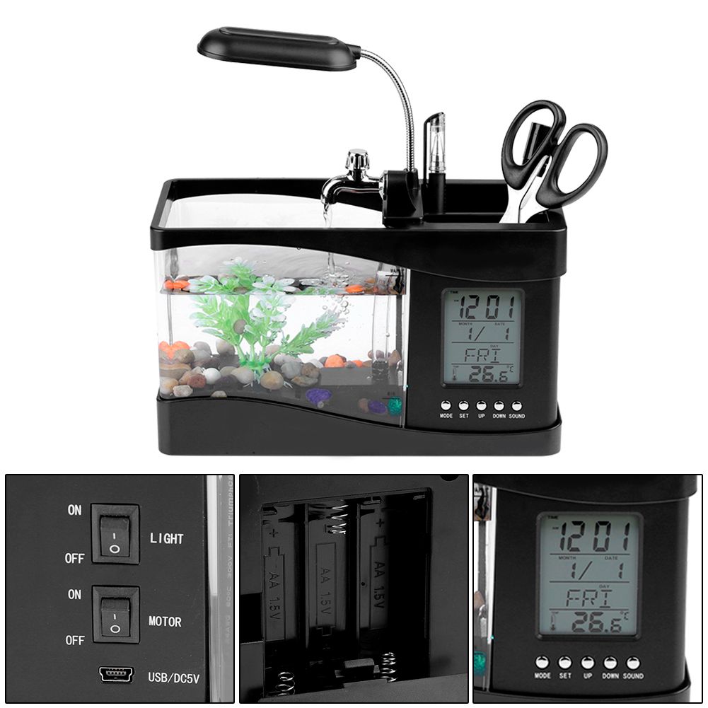 Multifunctional USB Rechargeable Mini Fish Tank Aquarium with Clock Function LED Light Black
