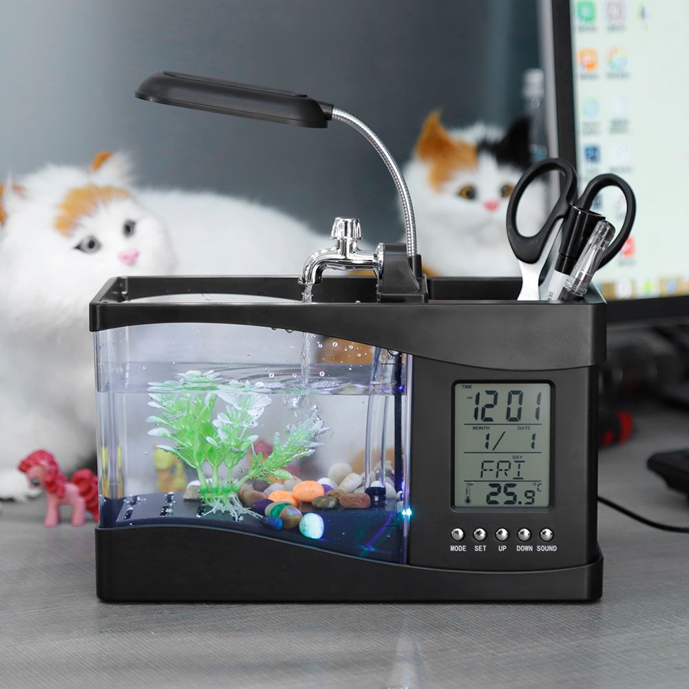 Multifunctional USB Rechargeable Mini Fish Tank Aquarium with Clock Function LED Light Black