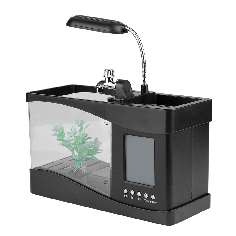 Multifunctional USB Rechargeable Mini Fish Tank Aquarium with Clock Function LED Light Black