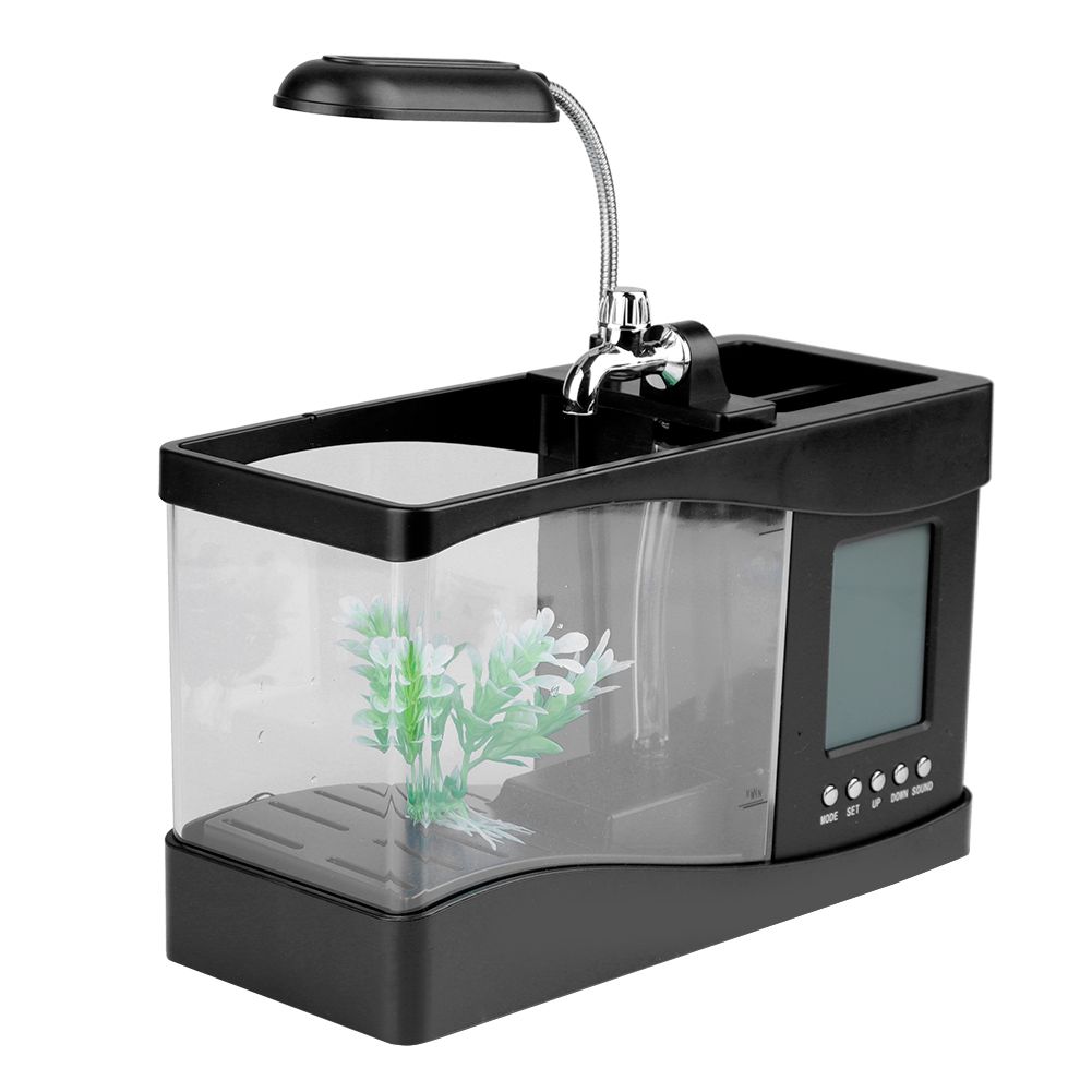 Multifunctional USB Rechargeable Mini Fish Tank Aquarium with Clock Function LED Light Black