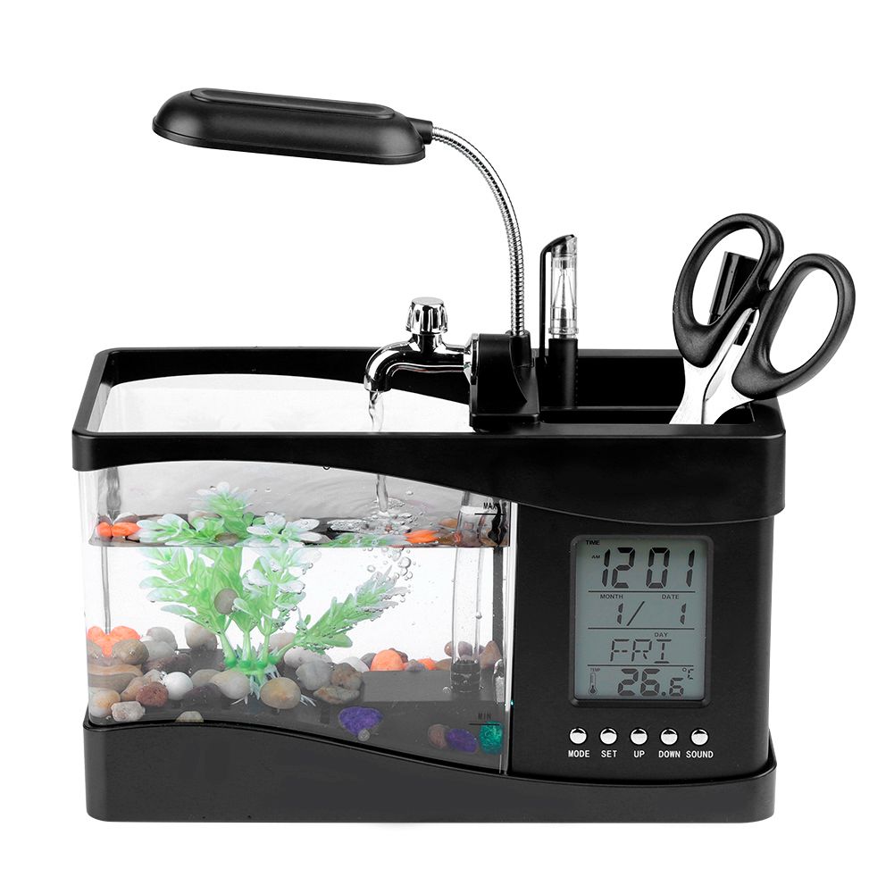 Multifunctional USB Rechargeable Mini Fish Tank Aquarium with Clock Function LED Light Black