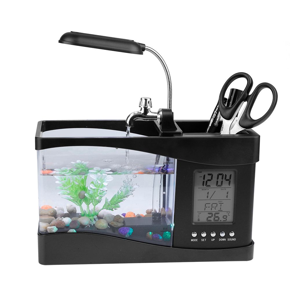 Multifunctional USB Rechargeable Mini Fish Tank Aquarium with Clock Function LED Light Black