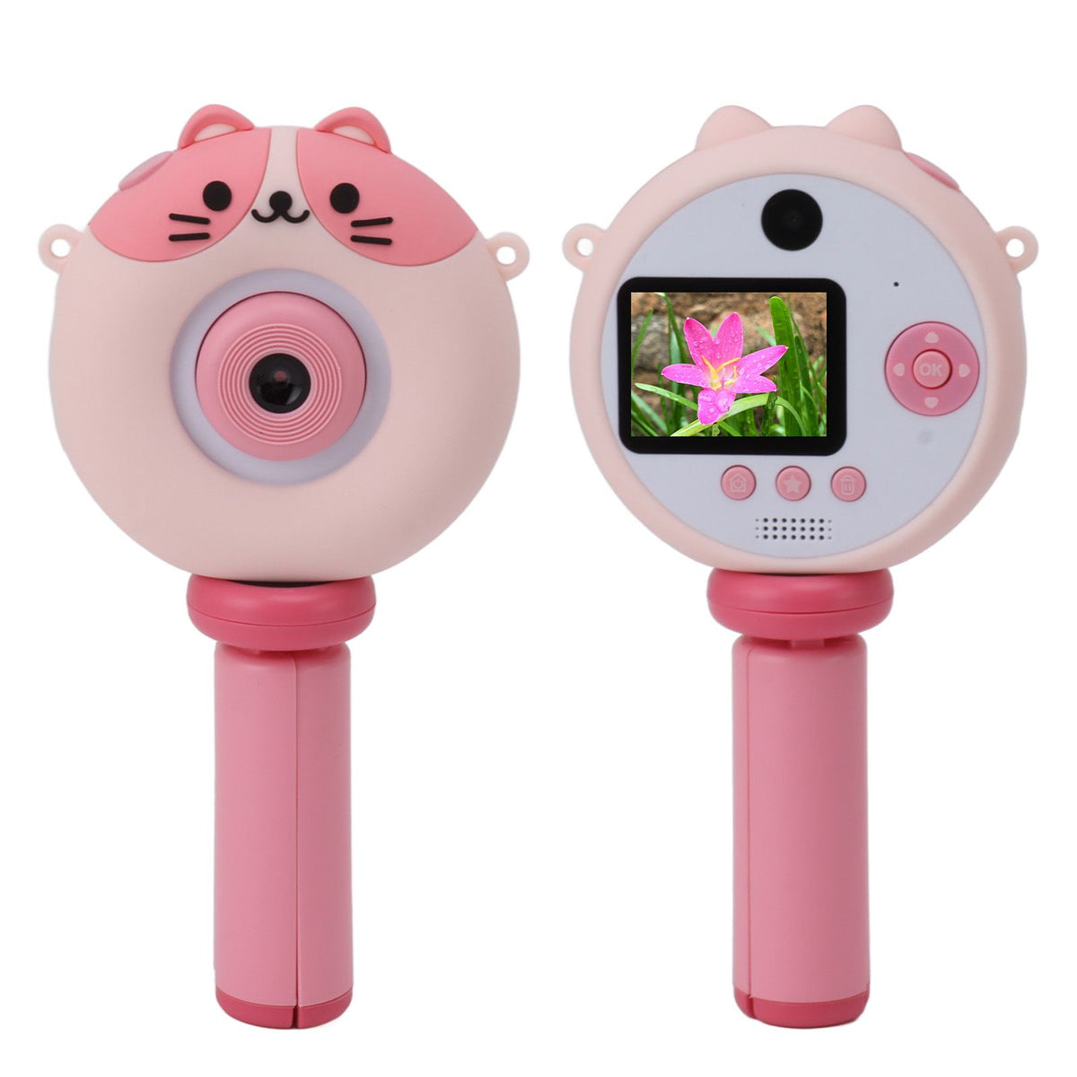 Kids Selfie Camera 2 Inch HD IPS Screen Dual Lens 48MP 32GB Portable Cute Digital Camera Toy with Tripod for Christmas Birthday Gift Pink