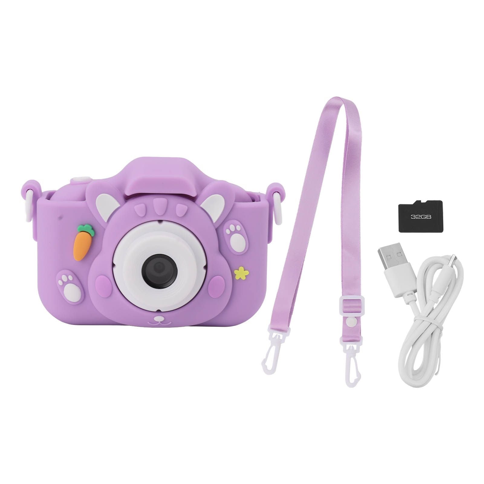 Kids Digital Camera with 32G Card Front Rear Lens 1080P High Definition 8X Zoom USB Rechargeable for Children Purple