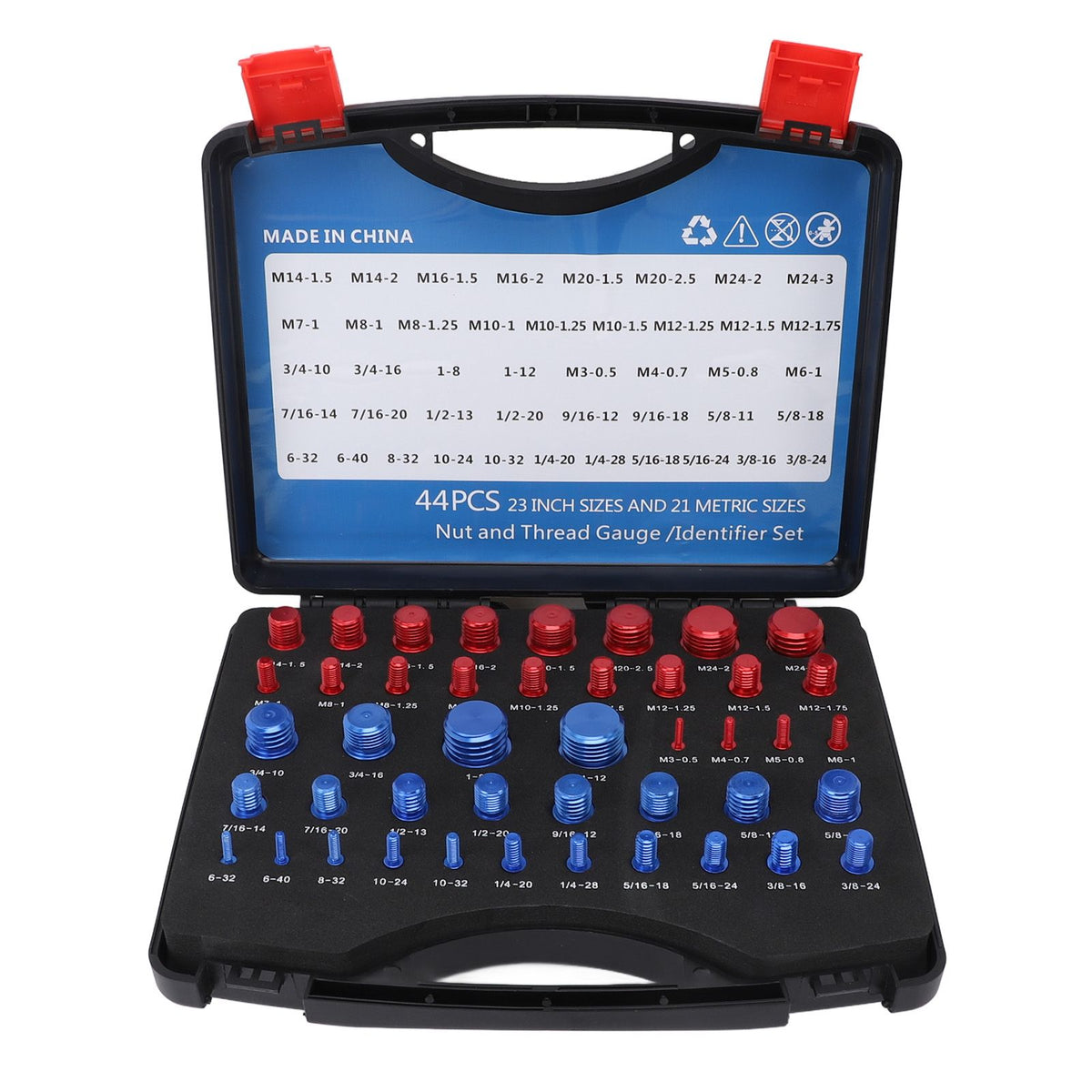 44PCS Nut and Bolt Thread Checker Aluminum Inch and Metric Precise Bolt Nut Identifier Gauges with Storage Box for Measuring Red Blue