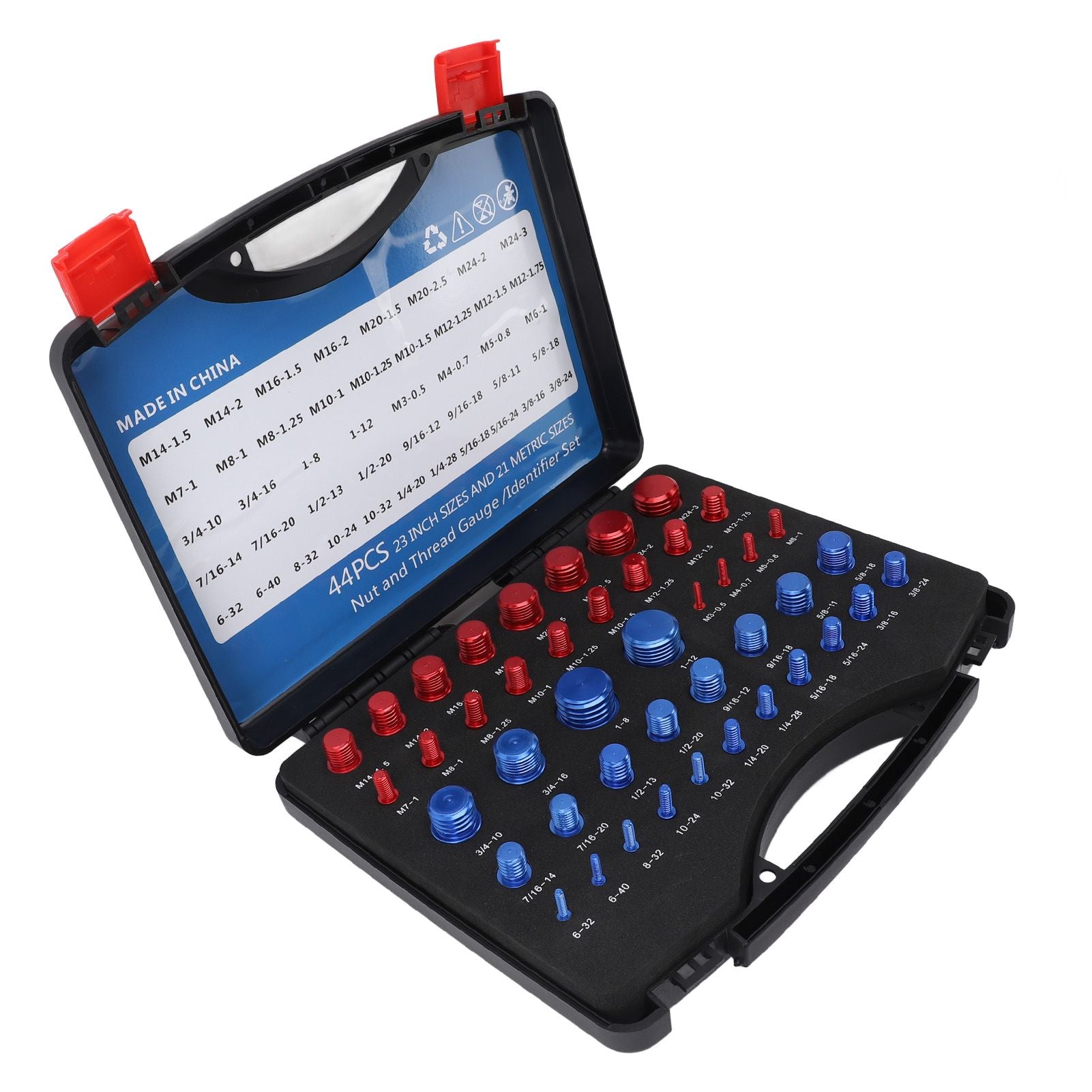 44PCS Nut and Bolt Thread Checker Aluminum Inch and Metric Precise Bolt Nut Identifier Gauges with Storage Box for Measuring Red Blue