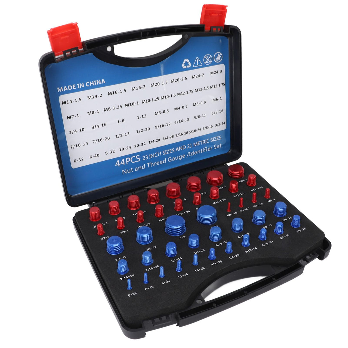 44PCS Nut and Bolt Thread Checker Aluminum Inch and Metric Precise Bolt Nut Identifier Gauges with Storage Box for Measuring Red Blue