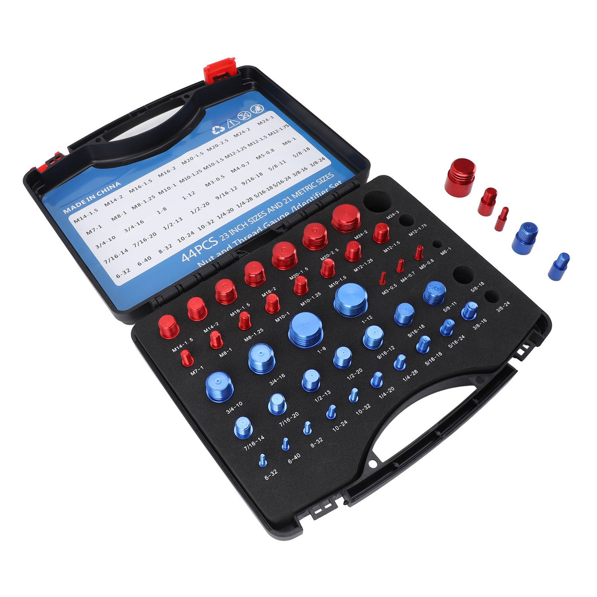 44PCS Nut and Bolt Thread Checker Aluminum Inch and Metric Precise Bolt Nut Identifier Gauges with Storage Box for Measuring Red Blue