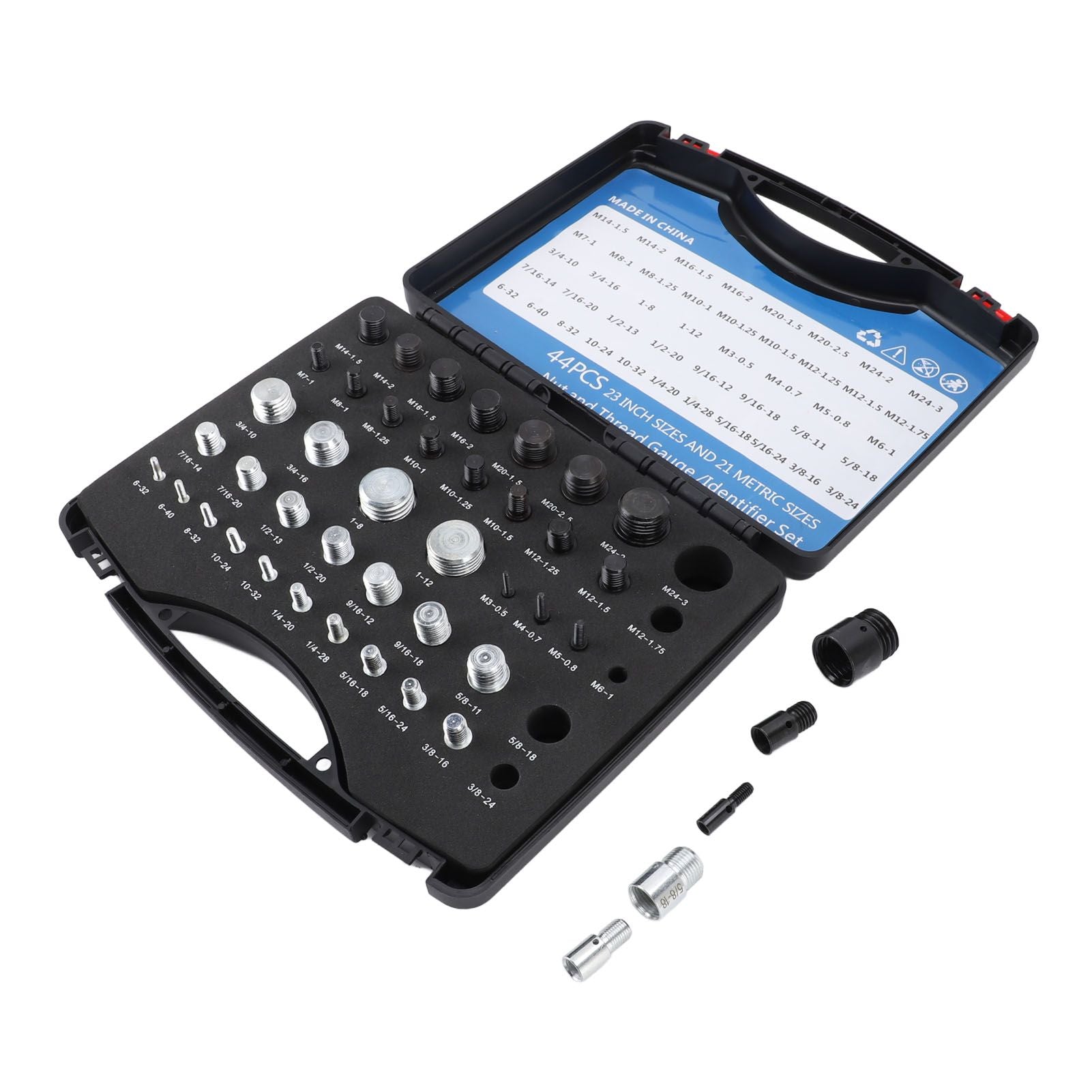 44pcs Nut and Bolt Thread Checker Inch Metric Nut and Bolt Gauges with Case for Size Check On Tricky Narrow Area Black and Silver