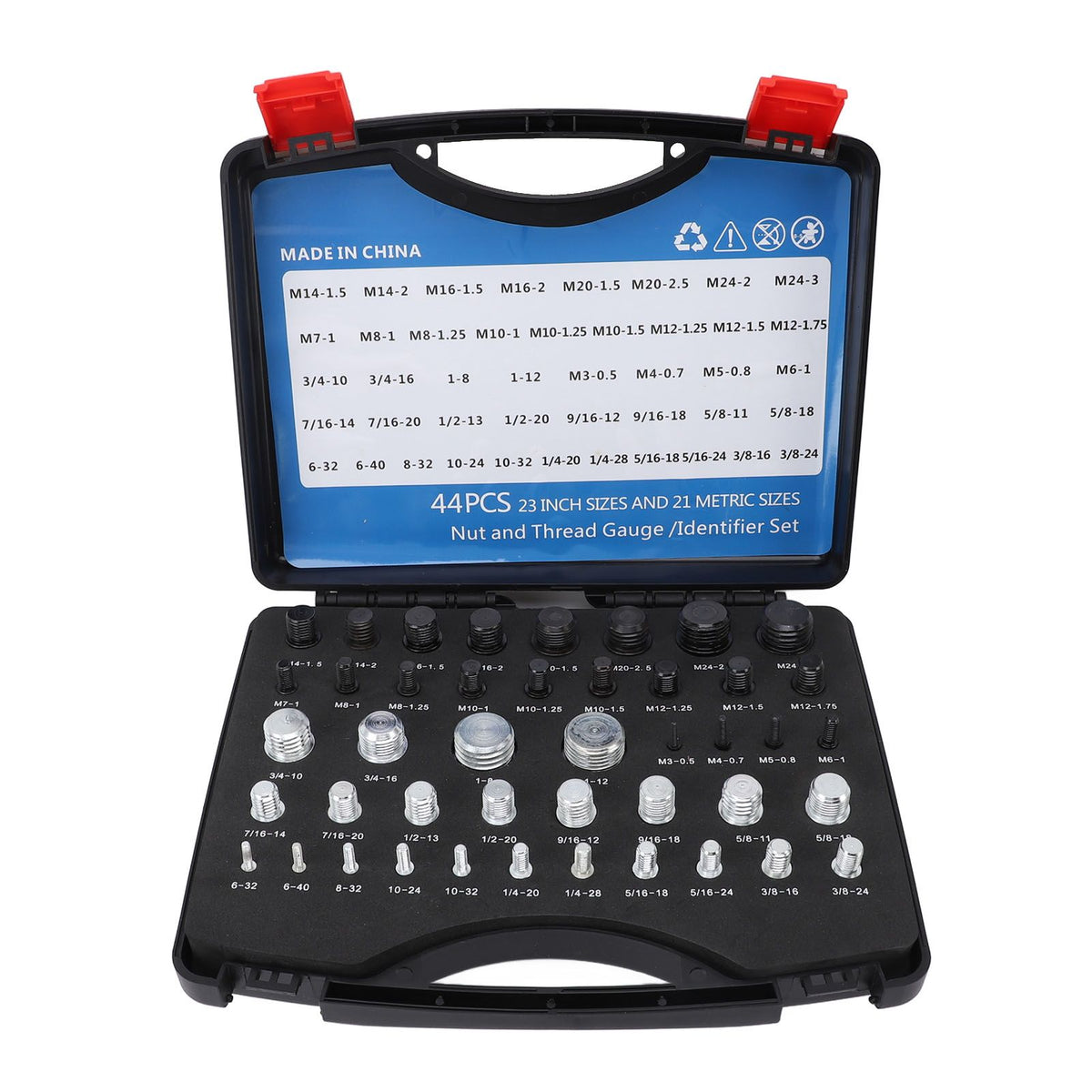 44pcs Nut and Bolt Thread Checker Inch Metric Nut and Bolt Gauges with Case for Size Check On Tricky Narrow Area Black and Silver