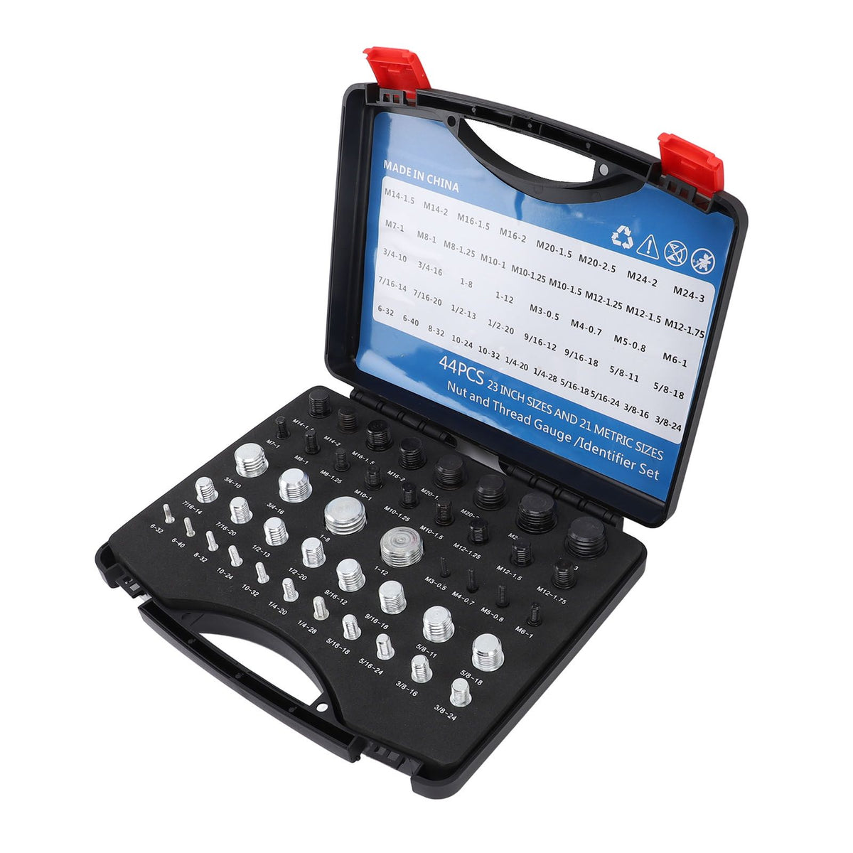 44pcs Nut and Bolt Thread Checker Inch Metric Nut and Bolt Gauges with Case for Size Check On Tricky Narrow Area Black and Silver