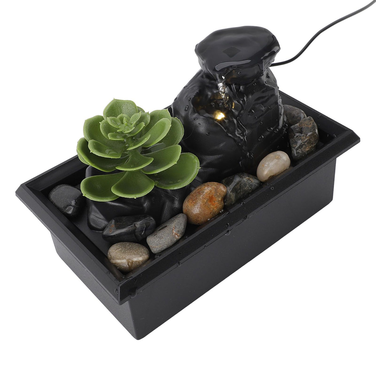 Tabletop Waterfall Fountain with LED Yellow Lights Simulated Succulent Circulating Flowing Water USB Powered Indoor Water Fountain with Rocks