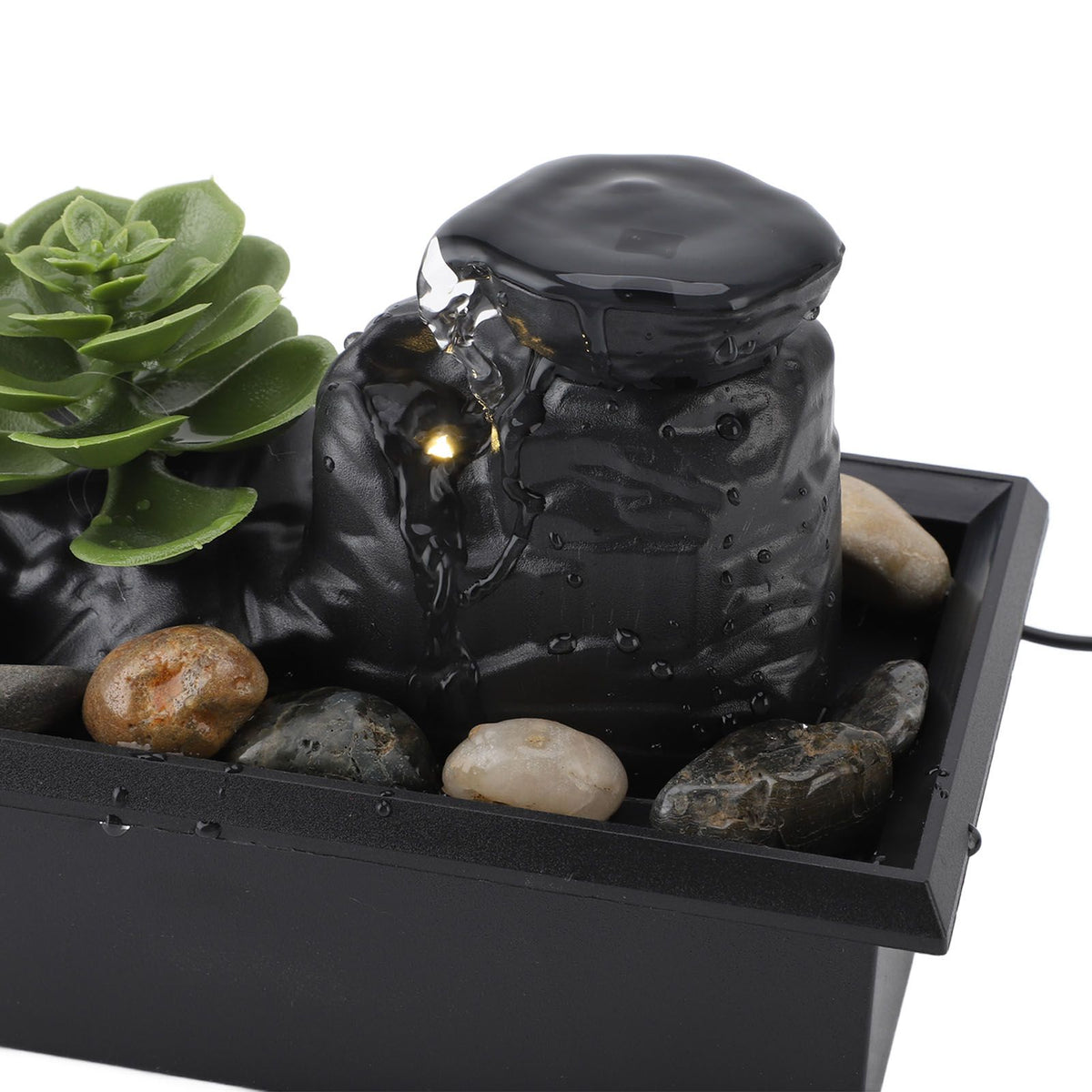 Tabletop Waterfall Fountain with LED Yellow Lights Simulated Succulent Circulating Flowing Water USB Powered Indoor Water Fountain with Rocks