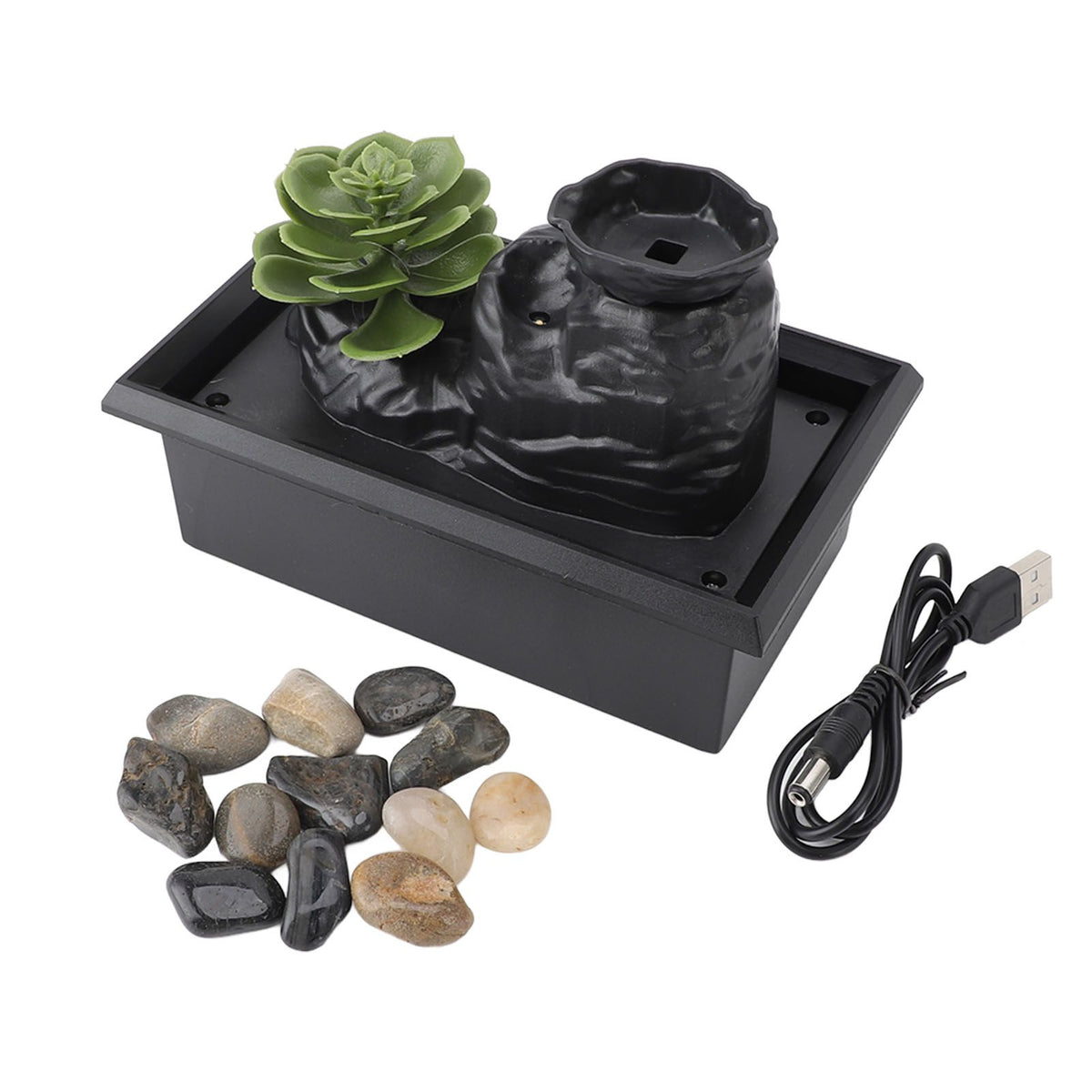 Tabletop Waterfall Fountain with LED Yellow Lights Simulated Succulent Circulating Flowing Water USB Powered Indoor Water Fountain with Rocks