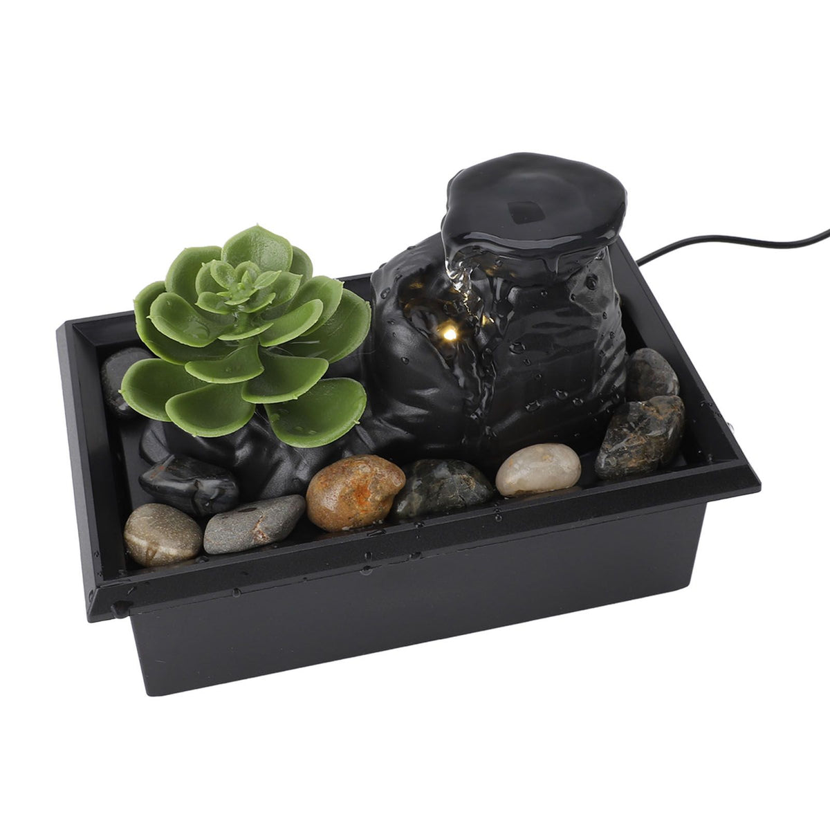 Tabletop Waterfall Fountain with LED Yellow Lights Simulated Succulent Circulating Flowing Water USB Powered Indoor Water Fountain with Rocks