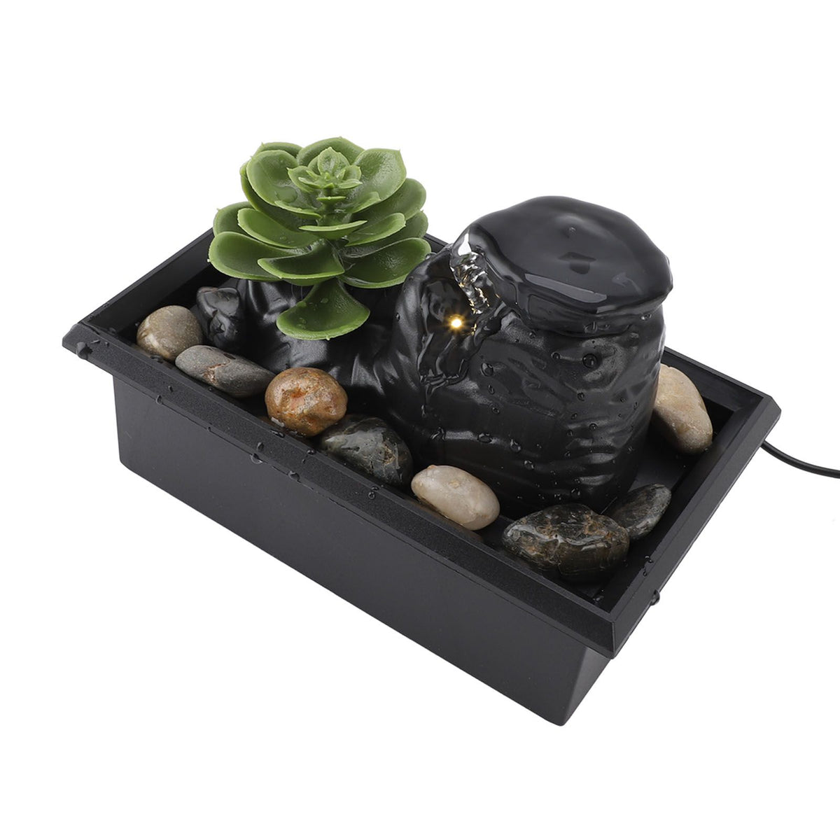Tabletop Waterfall Fountain with LED Yellow Lights Simulated Succulent Circulating Flowing Water USB Powered Indoor Water Fountain with Rocks
