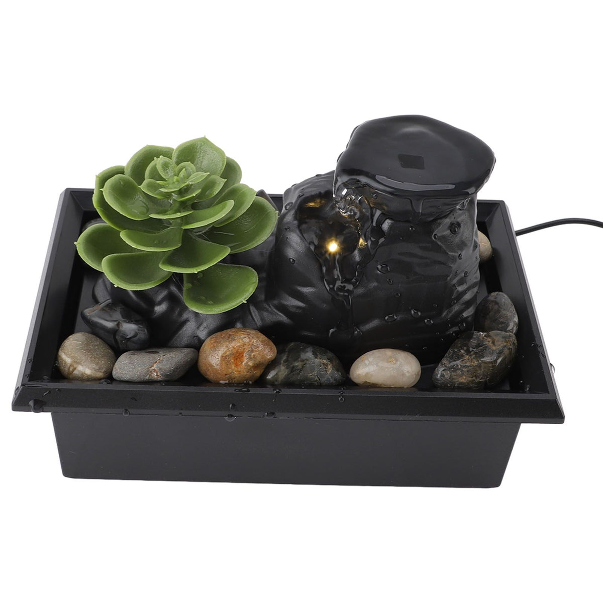 Tabletop Waterfall Fountain with LED Yellow Lights Simulated Succulent Circulating Flowing Water USB Powered Indoor Water Fountain with Rocks