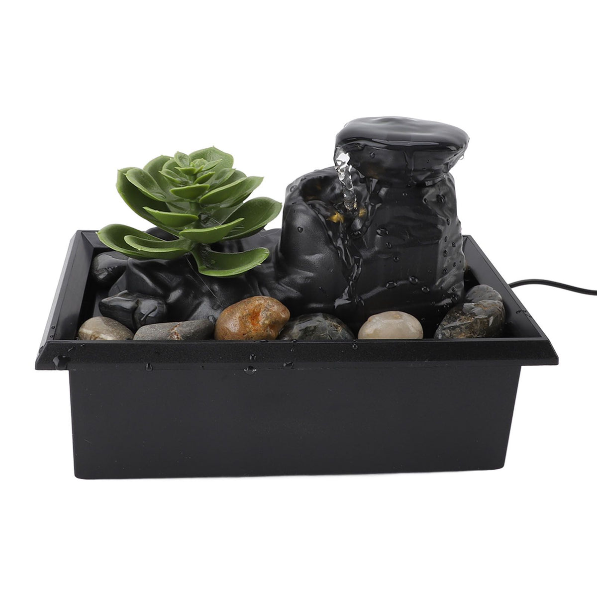 Tabletop Waterfall Fountain with LED Yellow Lights Simulated Succulent Circulating Flowing Water USB Powered Indoor Water Fountain with Rocks