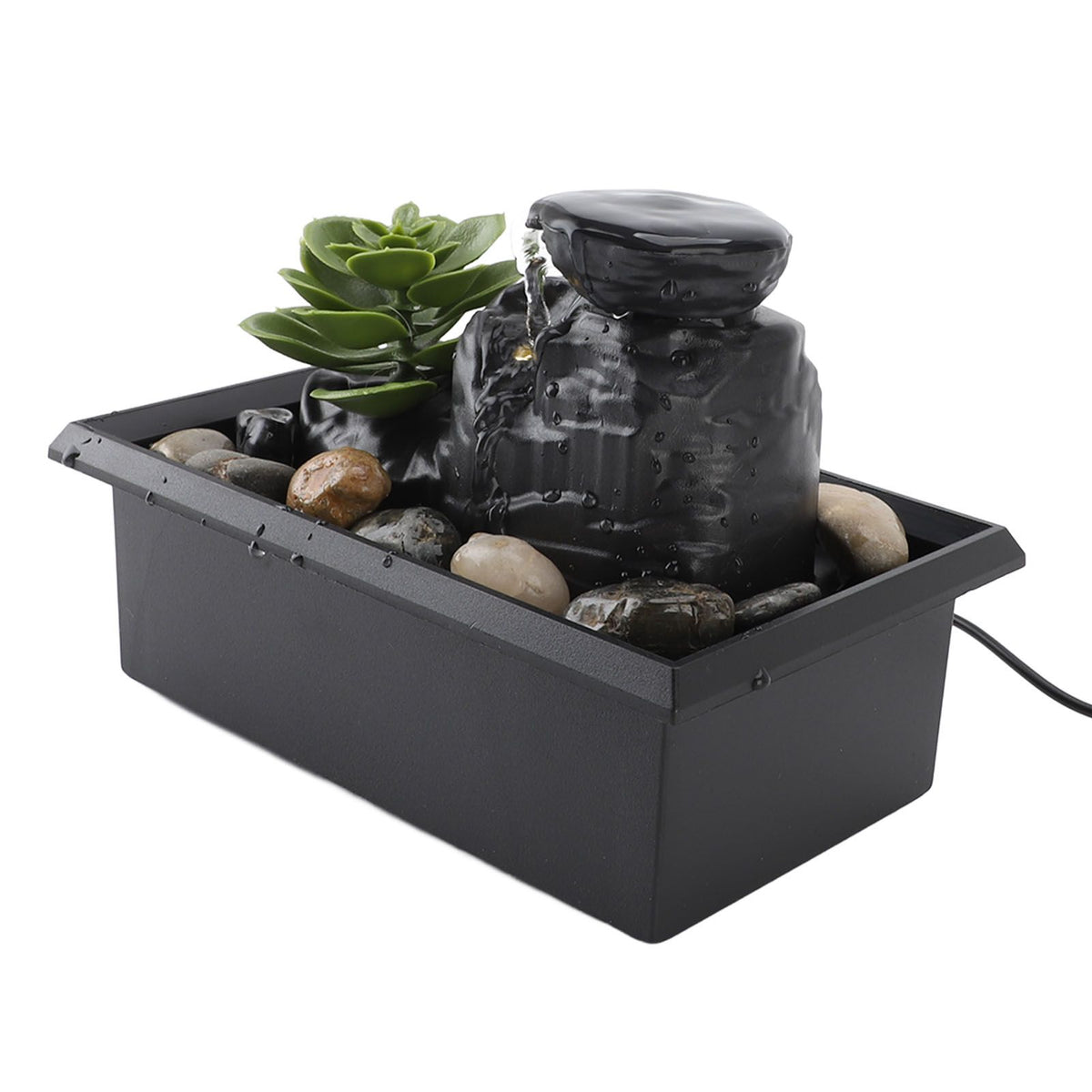 Tabletop Waterfall Fountain with LED Yellow Lights Simulated Succulent Circulating Flowing Water USB Powered Indoor Water Fountain with Rocks