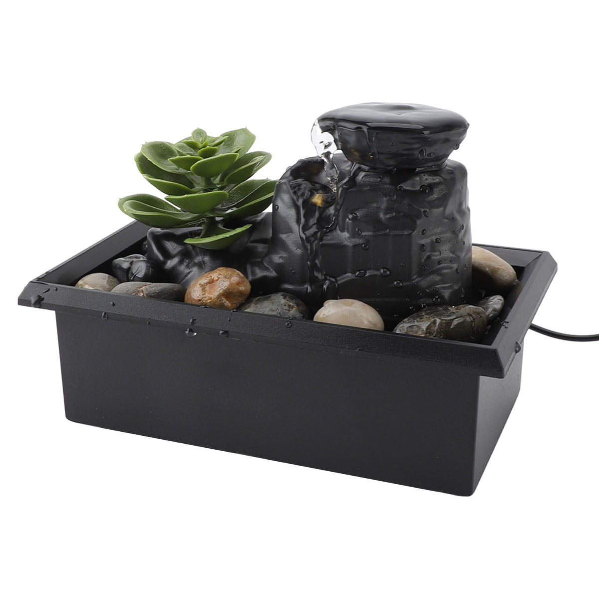 Tabletop Waterfall Fountain with LED Yellow Lights Simulated Succulent Circulating Flowing Water USB Powered Indoor Water Fountain with Rocks