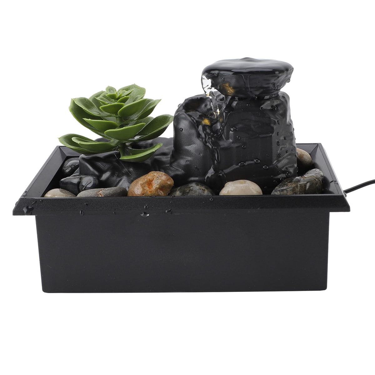 Tabletop Waterfall Fountain with LED Yellow Lights Simulated Succulent Circulating Flowing Water USB Powered Indoor Water Fountain with Rocks