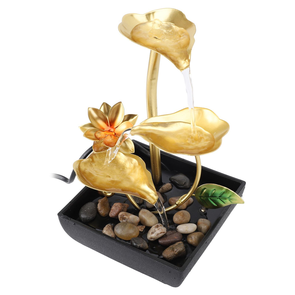 Tabletop Waterfall Fountain 3 Tier Lotus Leaf LED Light Circulating Flowing Water Adjustable Indoor Desk Water Fountain for Home Bedroom Office
