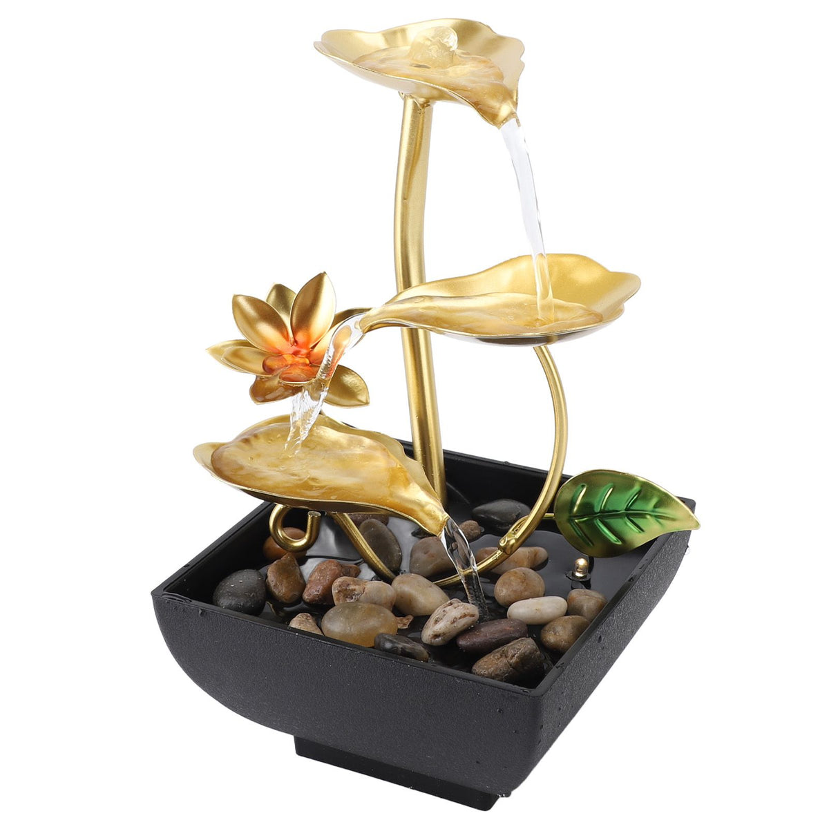 Tabletop Waterfall Fountain 3 Tier Lotus Leaf LED Light Circulating Flowing Water Adjustable Indoor Desk Water Fountain for Home Bedroom Office