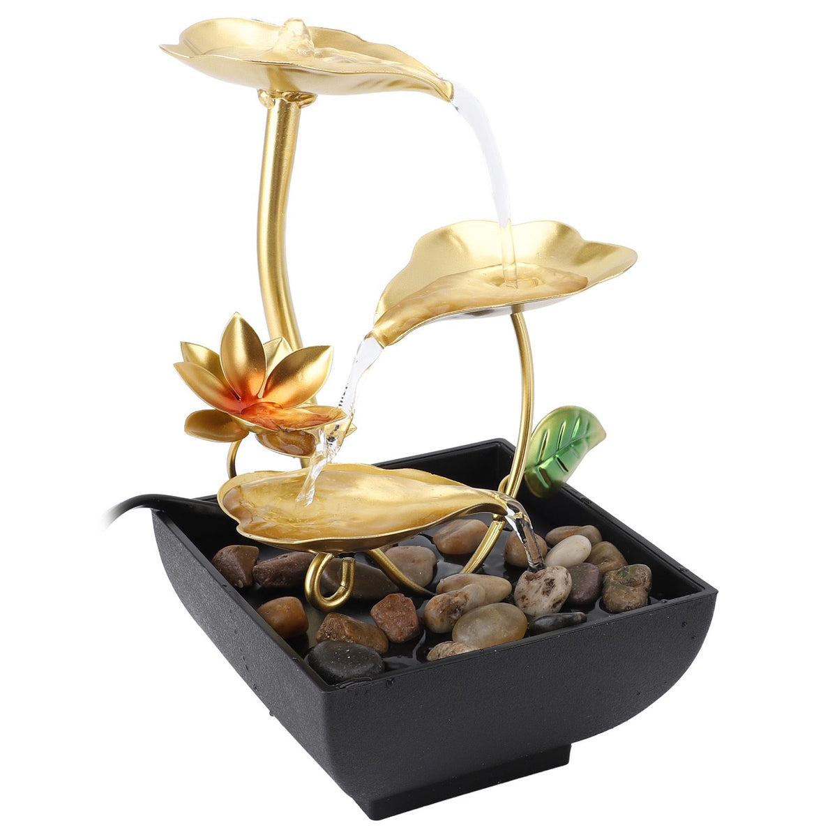 Tabletop Waterfall Fountain 3 Tier Lotus Leaf LED Light Circulating Flowing Water Adjustable Indoor Desk Water Fountain for Home Bedroom Office