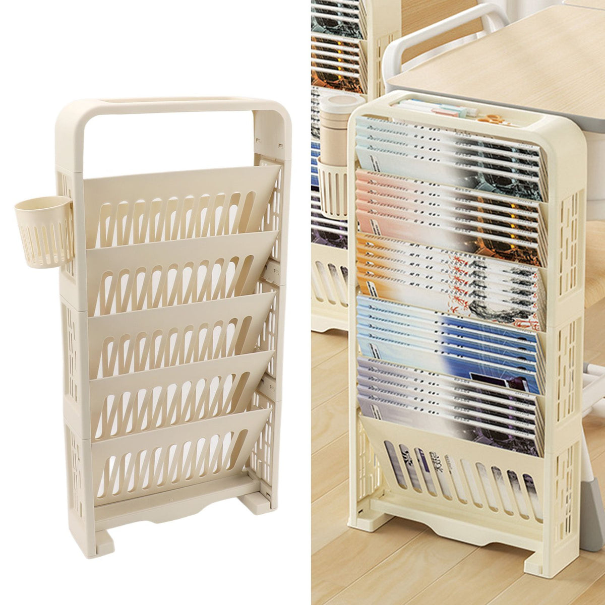 Classroom Deskside Bookshelf Large Capacity 6 Tier Multifunctional Slim Library Reading Storage Rack with Rollers Cream
