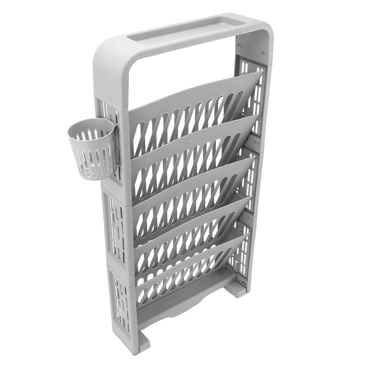 Classroom Deskside Bookshelf Large Capacity 6 Tier Multifunctional Slim Library Reading Storage Rack with Rollers Grey