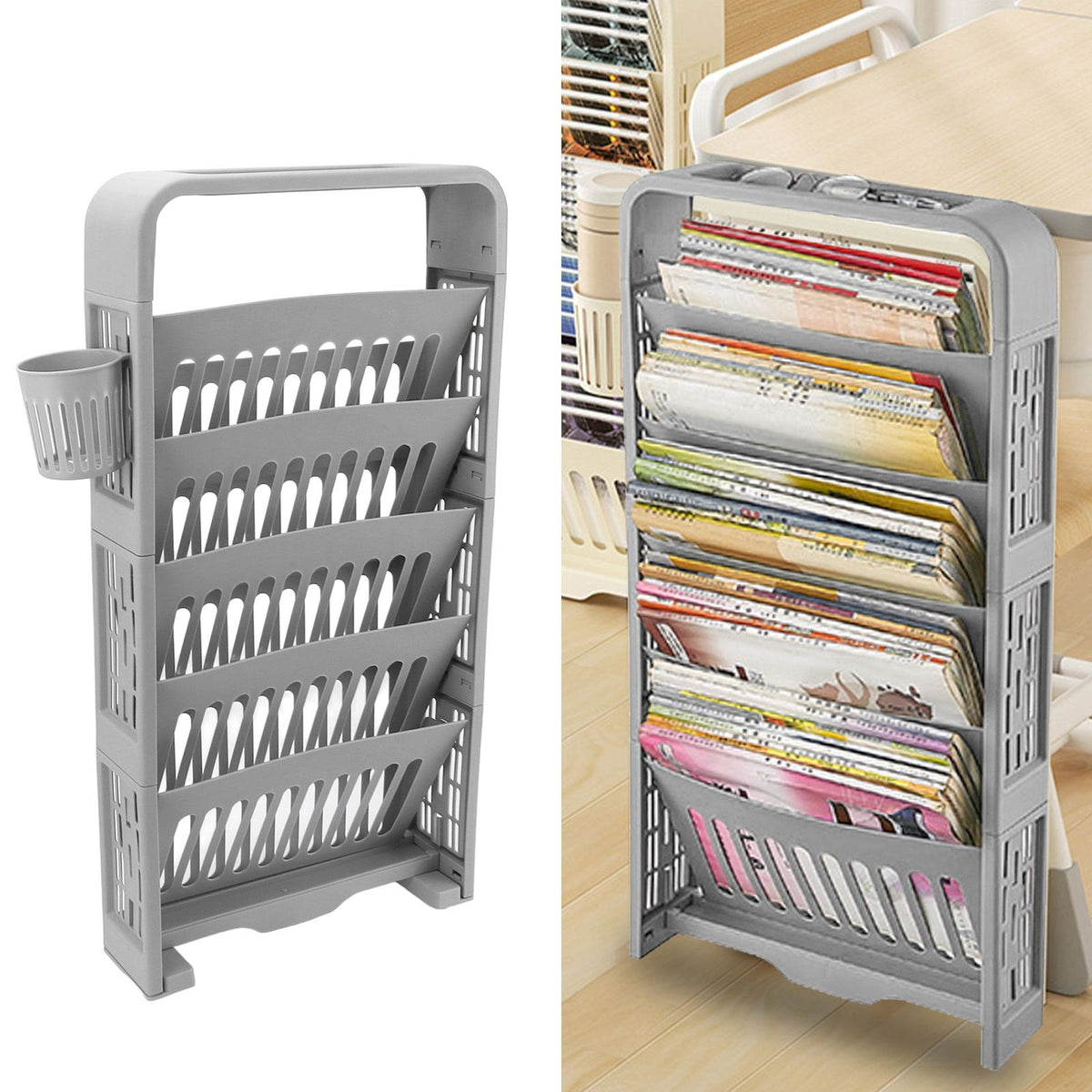 Classroom Deskside Bookshelf Large Capacity 6 Tier Multifunctional Slim Library Reading Storage Rack with Rollers Grey