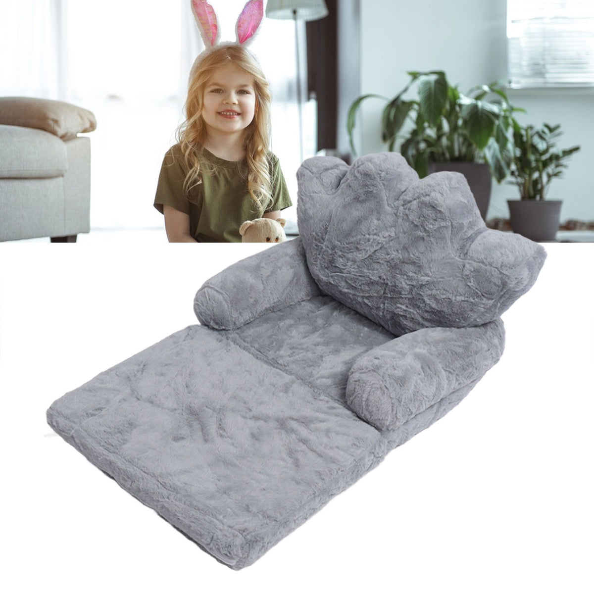 Folding Crown Seat Cushion Chair Cushion Girl Princess Baby Children Small Sofa with Backrest Rabbit Hair Gray 2 Layers