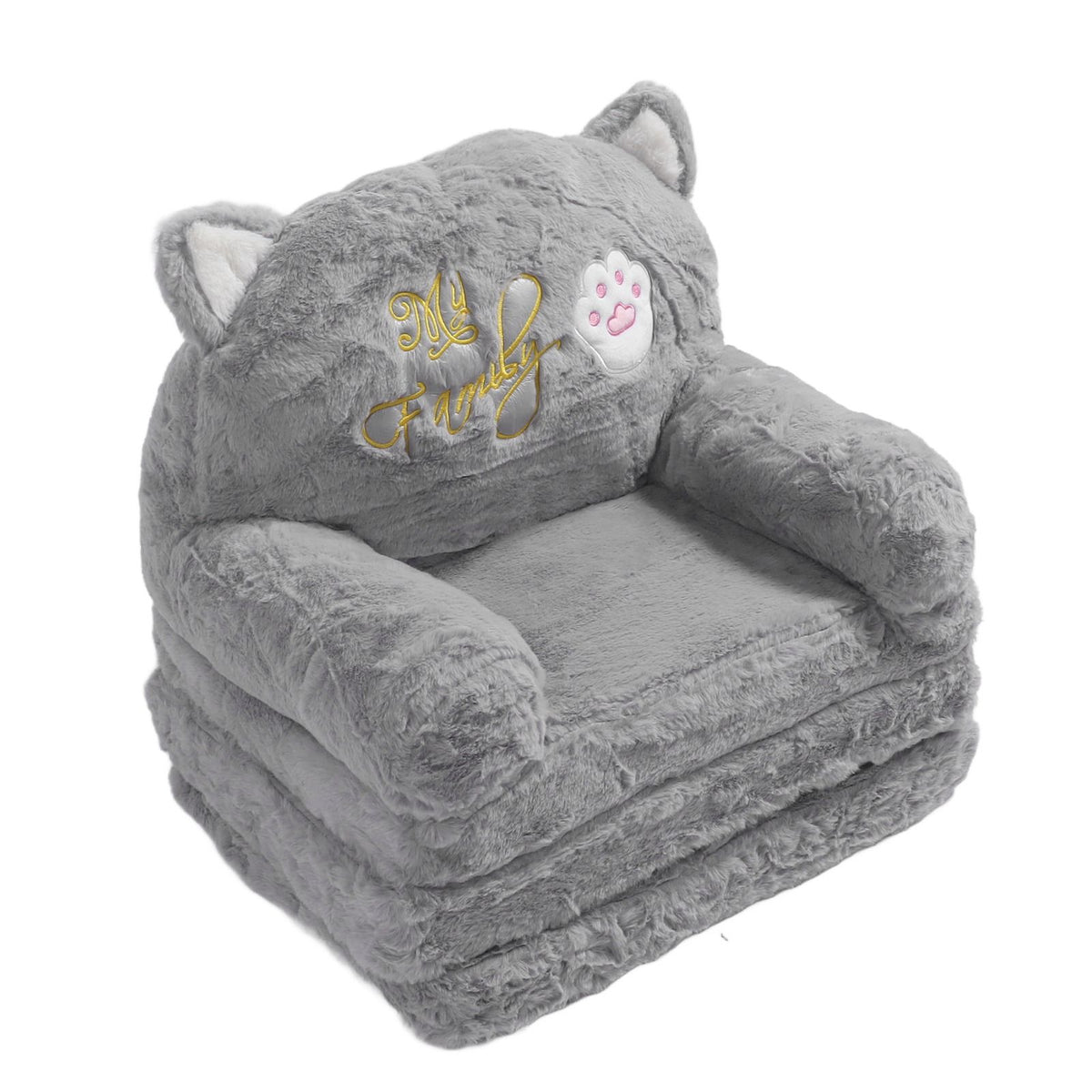 Kids Sofa for Baby Toddler Cute Cartoon Cat Convertible Armrest Chair Fold Out Couch Bed for Napping Playing Sleeping Grey 3 Layers