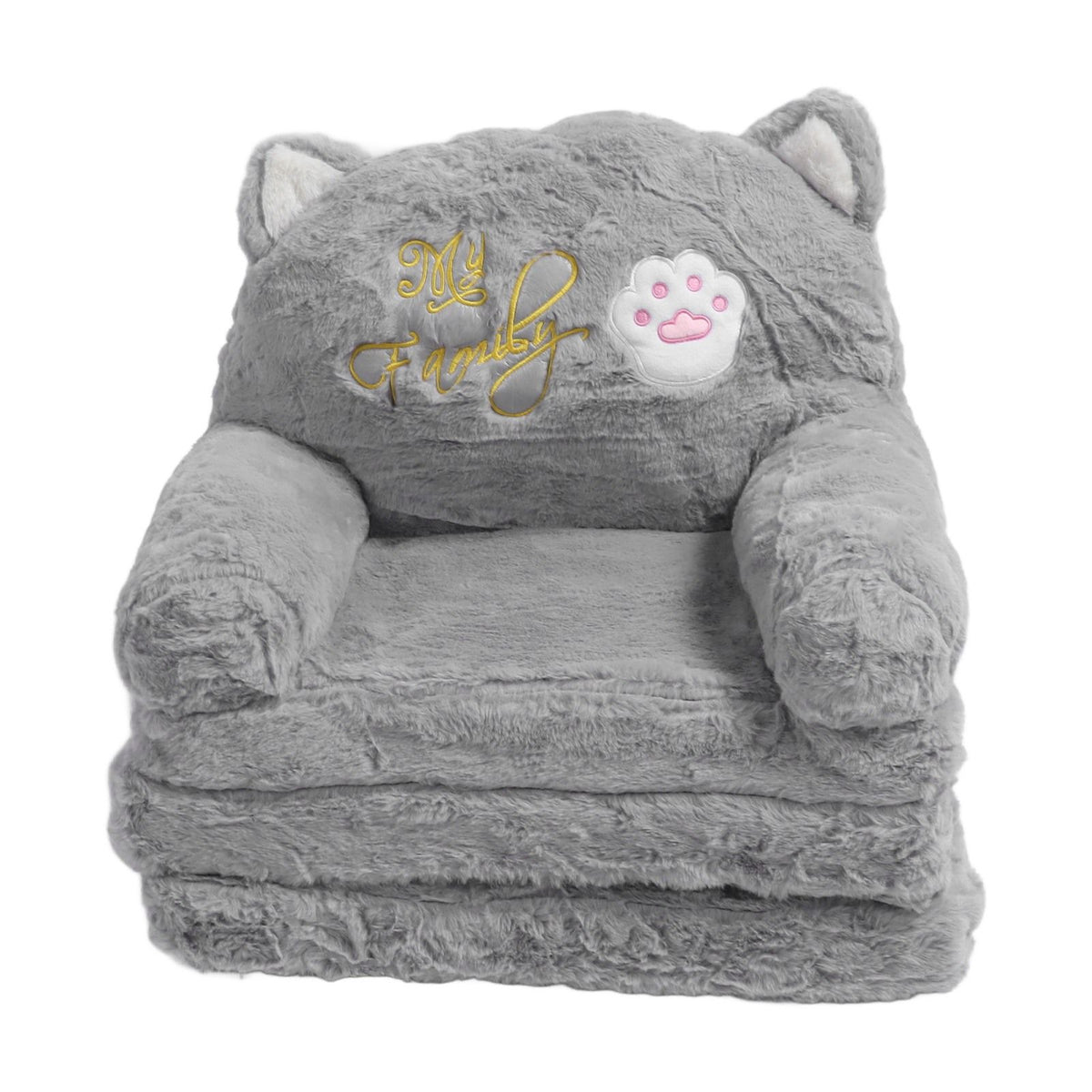 Kids Sofa for Baby Toddler Cute Cartoon Cat Convertible Armrest Chair Fold Out Couch Bed for Napping Playing Sleeping Grey 3 Layers