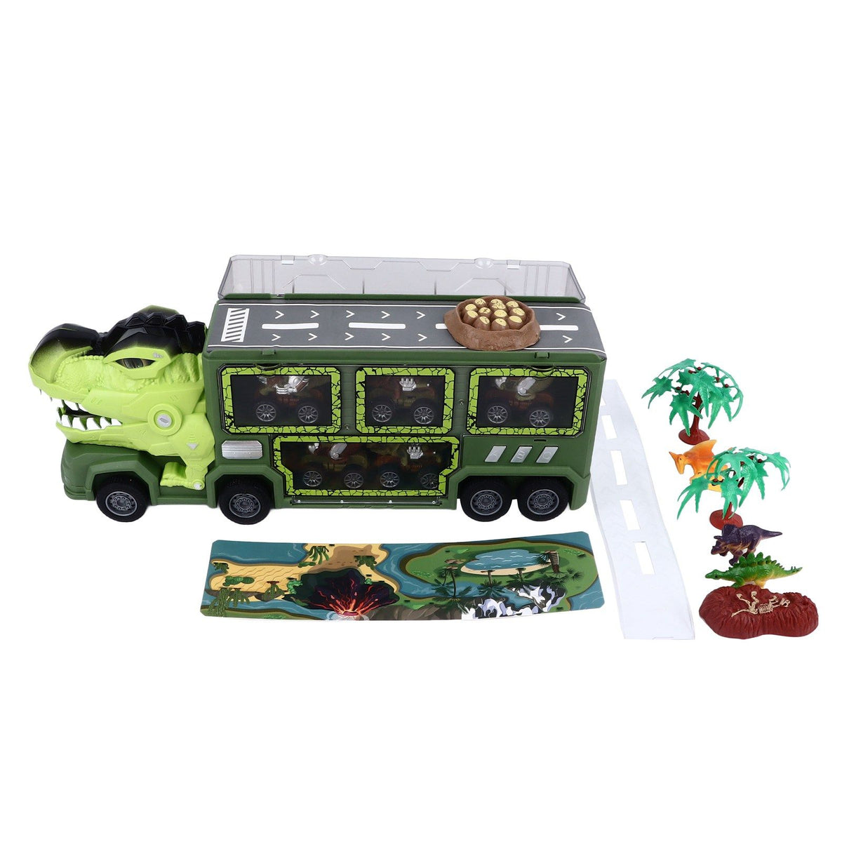 Dinosaur Toys for Kids 15 in 1 Transport Car Carrier Truck Set with 3 Dinosaur Figures Flashing Lights and Music for Christmas Birthday Gifts Green