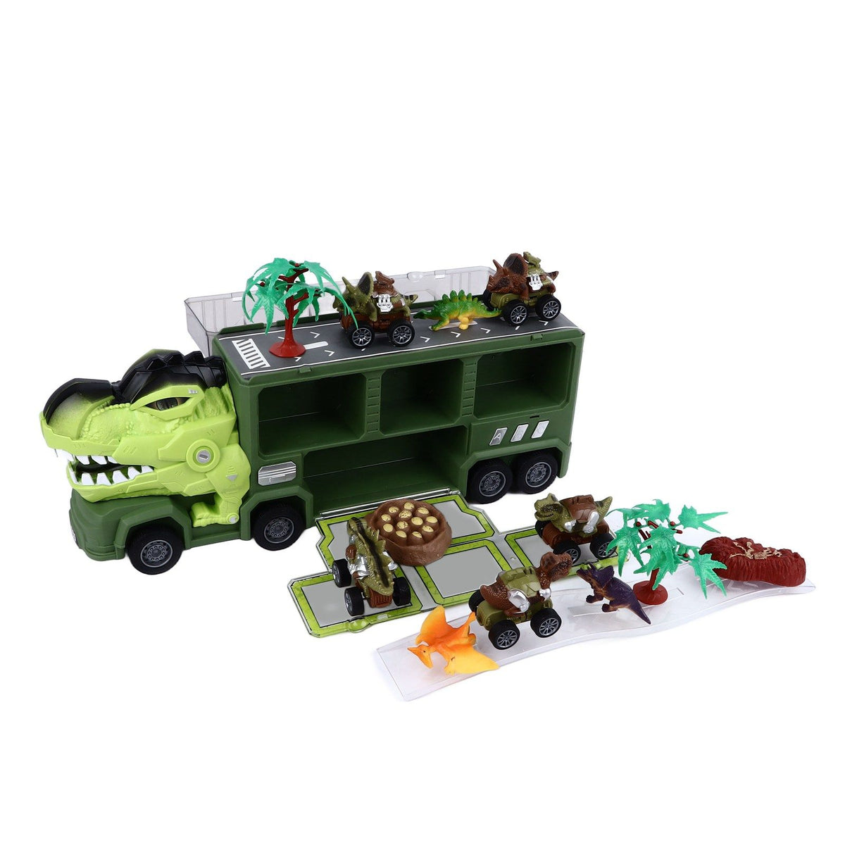 Dinosaur Toys for Kids 15 in 1 Transport Car Carrier Truck Set with 3 Dinosaur Figures Flashing Lights and Music for Christmas Birthday Gifts Green