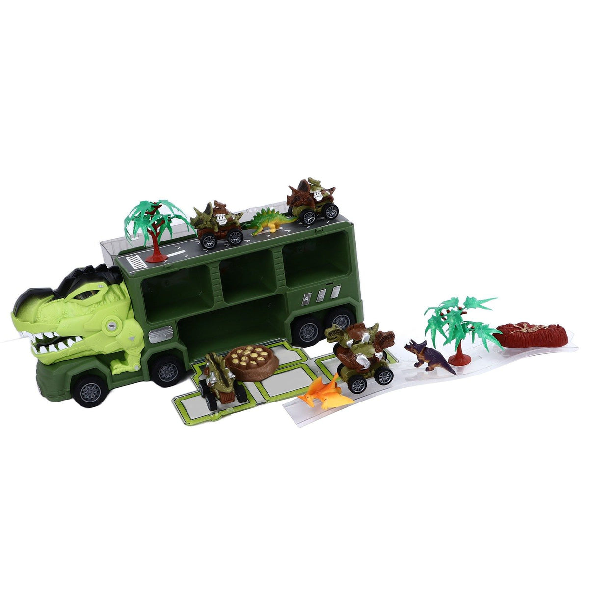 Dinosaur Toys for Kids 15 in 1 Transport Car Carrier Truck Set with 3 Dinosaur Figures Flashing Lights and Music for Christmas Birthday Gifts Green