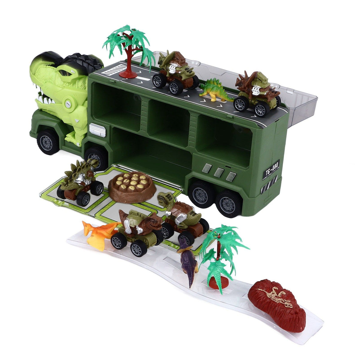 Dinosaur Toys for Kids 15 in 1 Transport Car Carrier Truck Set with 3 Dinosaur Figures Flashing Lights and Music for Christmas Birthday Gifts Green