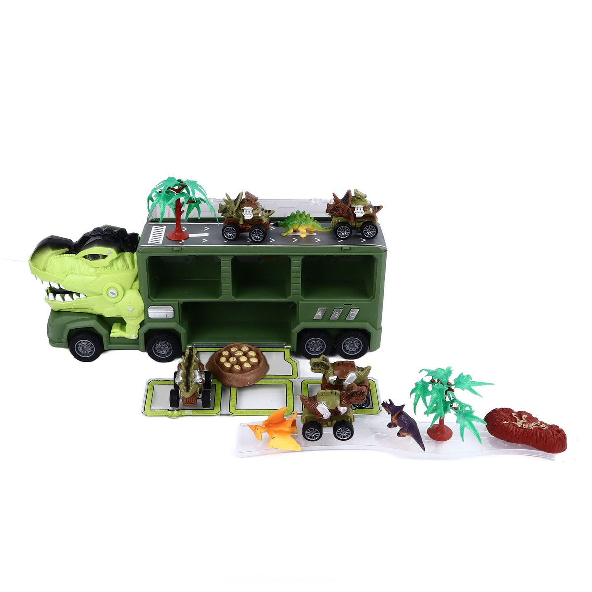 Dinosaur Toys for Kids 15 in 1 Transport Car Carrier Truck Set with 3 Dinosaur Figures Flashing Lights and Music for Christmas Birthday Gifts Green
