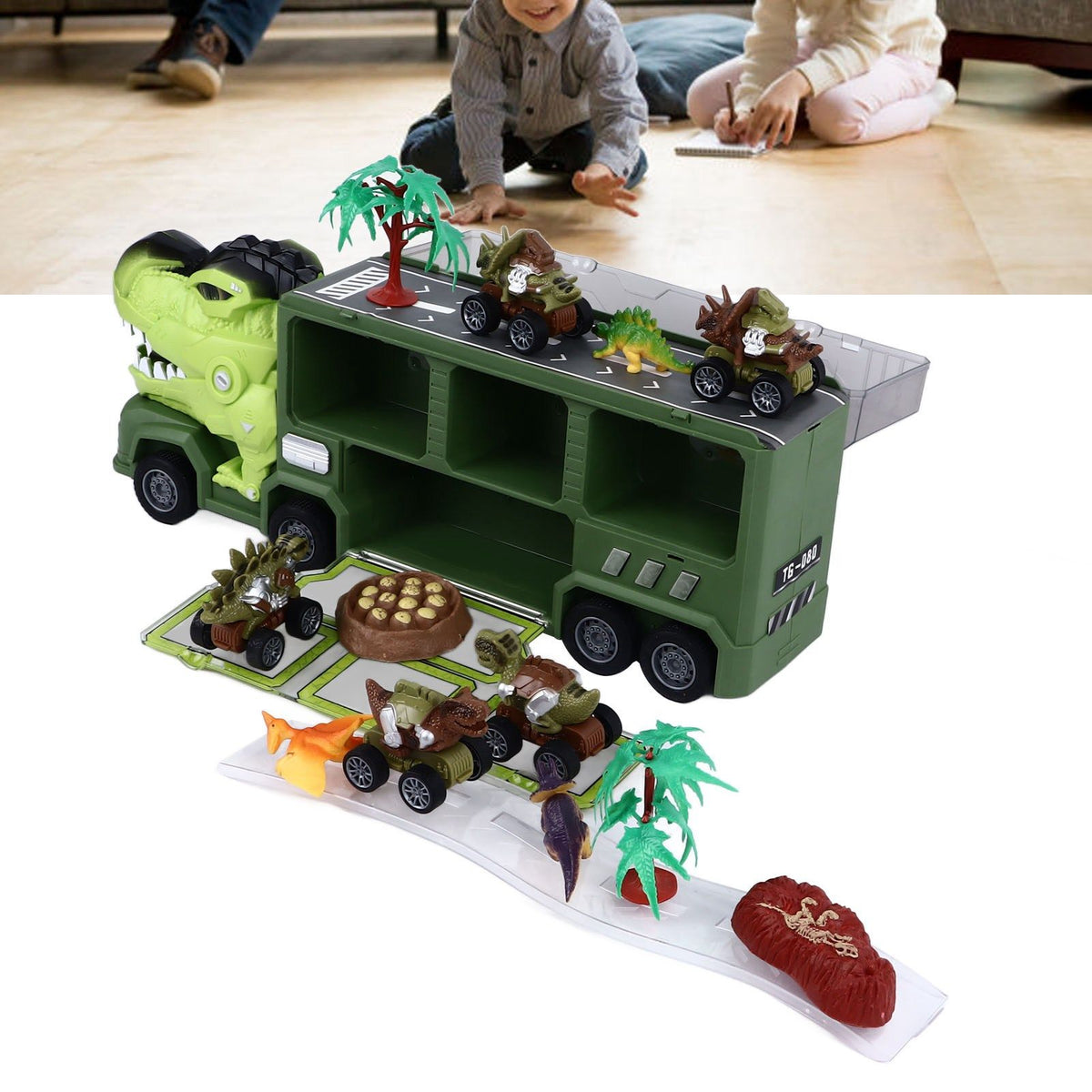 Dinosaur Toys for Kids 15 in 1 Transport Car Carrier Truck Set with 3 Dinosaur Figures Flashing Lights and Music for Christmas Birthday Gifts Green