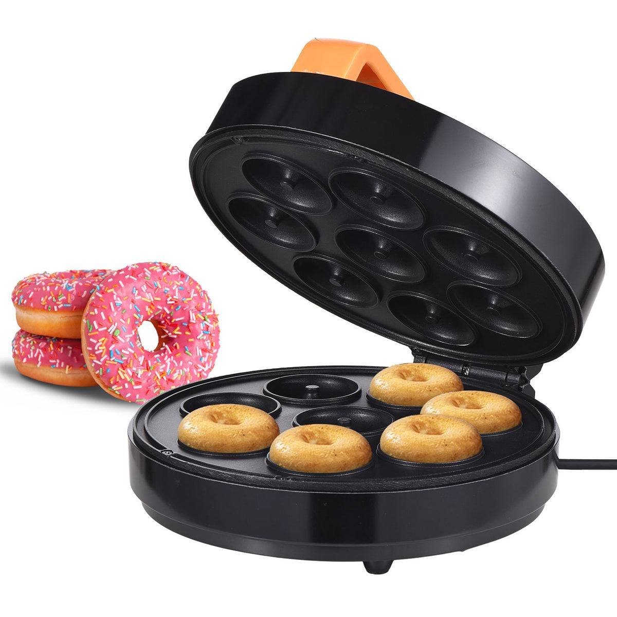 Aoresac Household Mini Donut Maker Electric Donut Machine 1400W Non-Stick Surface Makes 8 Doughnuts Breakfast Machine for Making Breakfast Snack Dessert Baking Tool