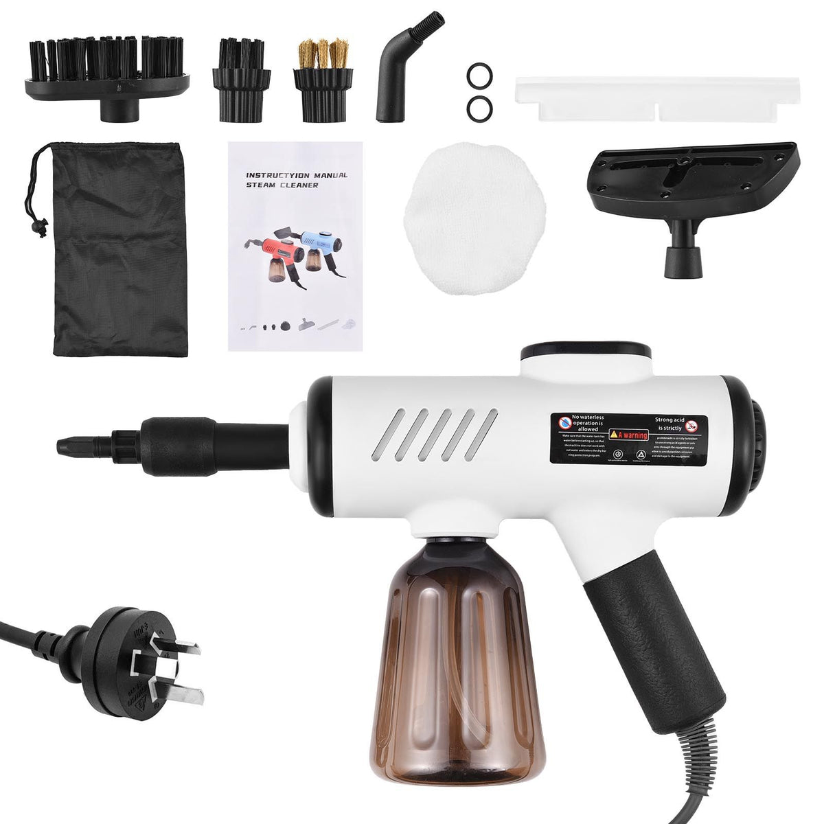 Portable Handheld Steam Cleaner 10s Quick Heat 3 Temperature Adjustable Deep Cleaning Machine with 600ml Water Tank 3 Brush Heads Bent Nozzle Window Scraper with Cloth Cover Storage Bag 5.2ft Power Cord for Kitchen Bathroom Furniture Upholstery Clothes Ca